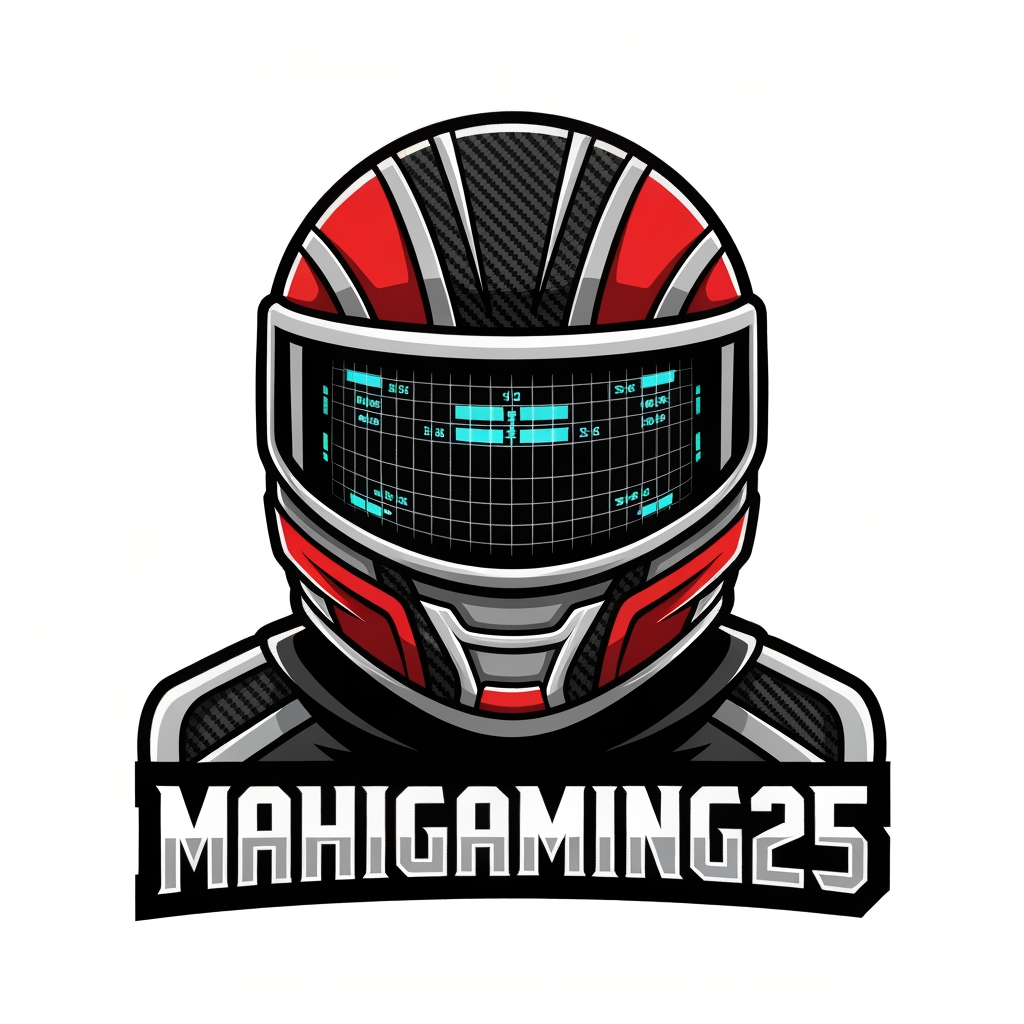 AI Design for A professional gaming channel mascot logo featuring a sleek, futuristic helmet visor reflecting a digital simulation grid or heads-up display (HUD). High-contrast vector art style. The color palette features racing red, carbon fiber black, and metallic silver. Underneath the helmet, the text "MahiGaming25" is written in a bold, mechanical, blocky font. Symmetrical composition, sharp clean lines, 2D emblem graphic design, perfect for a YouTube profile picture.
