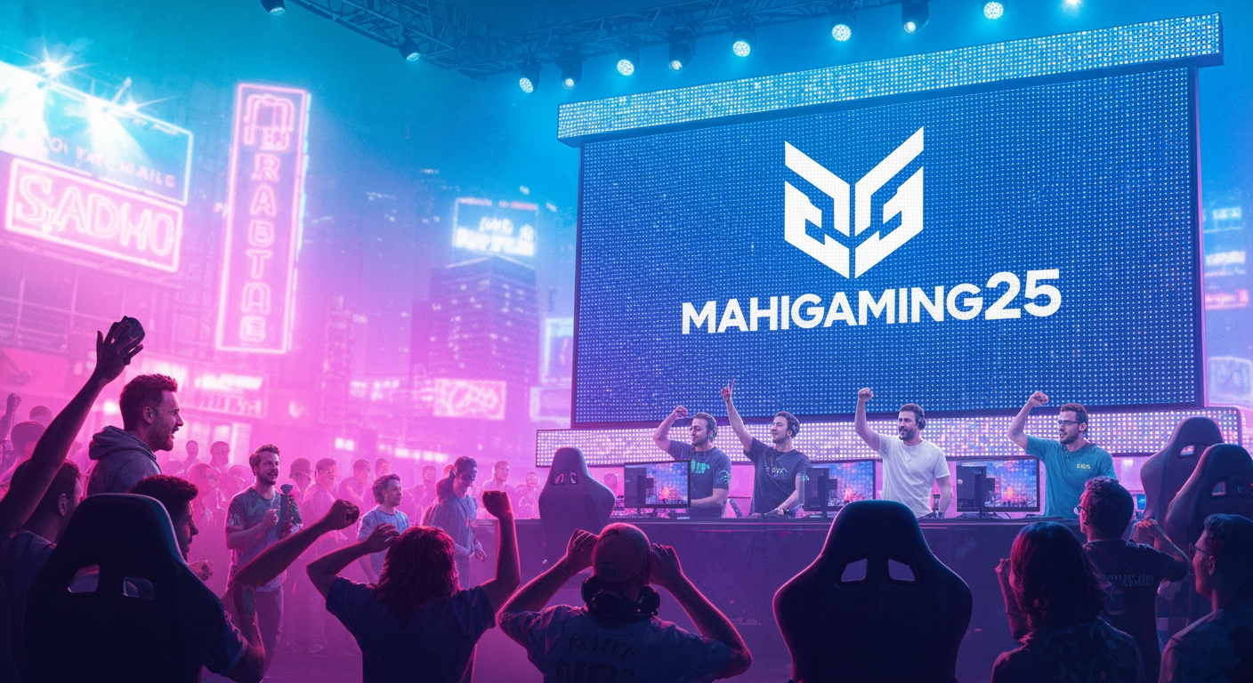 AI Design for Landscape launch announcement visual concept for I want to make a logo for my youtube gaming channel - MahiGaming25. Energetic campaign image, strong focal object or scene, clean branded atmosphere, generous open space for announcement copy to be added later, no rendered typography.