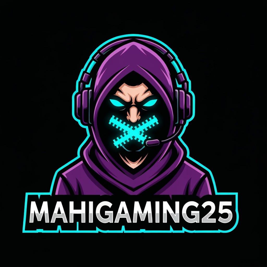 AI Design for An esports avatar mascot logo of a cool, mysterious hooded gamer character wearing sleek gaming headphones, with a stylized glowing neon "X" or zipper over the mouth area to symbolize "No Commentary". Bold vector lines, high-end sticker style. Colors: deep purple, neon cyan, and matte black. The text "MahiGaming25" is written across the bottom in a bold, chiseled 3D gaming font. Clean edges, masterpiece composition, solid black background.