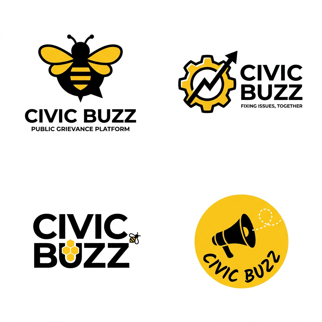 AI Design for we are building an public grievance platform where they can lodge in their issues and ai can redirect them to the authorties and resolv es the issues.
Civic Buzz civic represents the public and buzz refers to the public complaints (it is also a metaphor to the buzzing sound of bees).create a few logos that resembles with the idea, while abiding by the following instructions:
I. COLOR: use yellow and black
ii. Theme: keep it minimal, that caters a mass audience.
iii. Creative choices(optional): a bee to represent buzz, something showing the problems public face(eg. potholes).