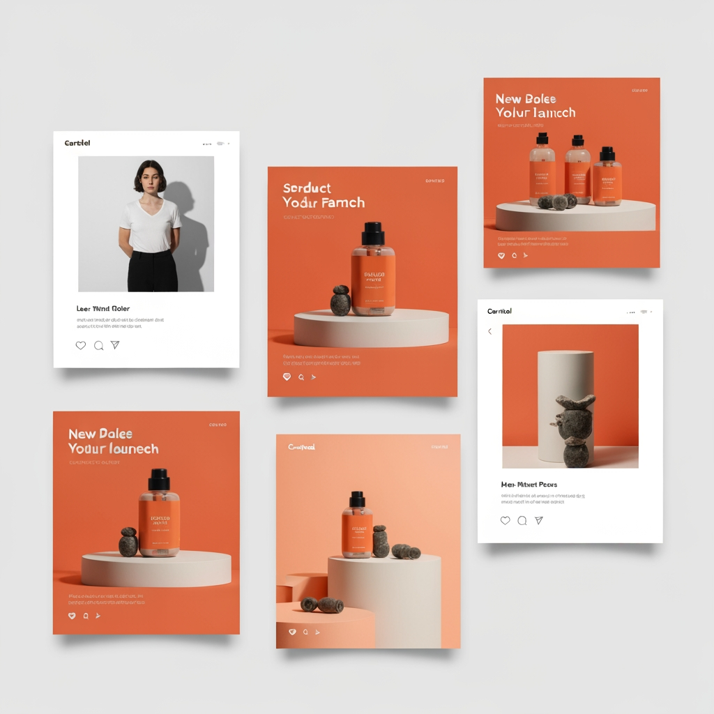 AI Design for Square social feed visual concept for Carousel posts for a product launch. Strong central subject, clean composition, platform-ready crop, cohesive color and mood, clear empty area for caption or headline to be added later, no readable text generated.