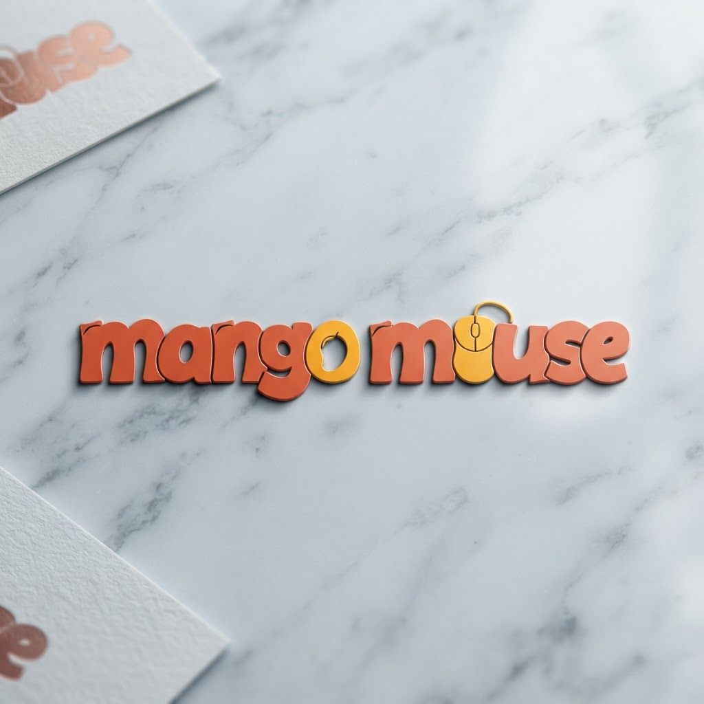 AI Design for Premium logo presentation mockup concept for Create a vibrant, playful brand identity for Mango Mouse that pairs bold, rounded typography with warm sunset hues of orange and yellow to reflect a friendly, tech-forward agency personality.. Logo or brand mark displayed on a clean neutral surface with subtle depth, refined shadow, precise alignment, elegant design-studio presentation, no extra readable text.
Incorporate the attached brand element reference image (Reference A: brand element "Mango Mouse") into the composition where natural — preserve the depicted brand element's appearance.