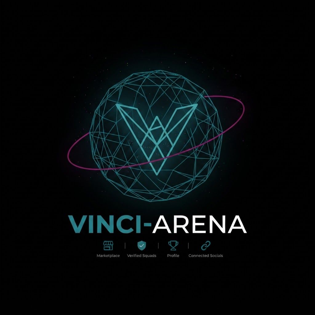 AI Design for SHOW SOME CREATIVITTY MINIMIST ADD VINCI-ARENA this is my website my website based on esport grassroot like there is 4 navbar first one marketplace where people can find player ,coach,analyst ,squad,and 2 squad section where sponser or orgniser can hire sqaud via squad profile and anyone can make squad profile feature there all player ,stats and all there verified sqaud thing is avialble and 3 is profile section where player display there gameplay clip,acheivment,real time game stats yt,dc,insta,link .so based on this make a logo usingi provide image and our website name is vinci-arena