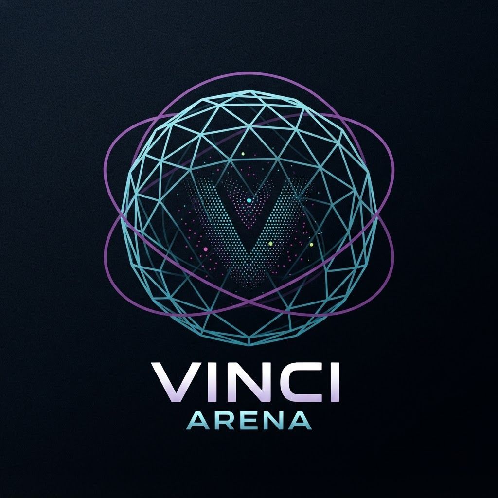 AI Design for SHOW SOME CREATIVITTY MINIMIST ADD VINCI-ARENA this is my website my website based on esport grassroot like there is 4 navbar first one marketplace where people can find player ,coach,analyst ,squad,and 2 squad section where sponser or orgniser can hire sqaud via squad profile and anyone can make squad profile feature there all player ,stats and all there verified sqaud thing is avialble and 3 is profile section where player display there gameplay clip,acheivment,real time game stats yt,dc,insta,link .so based on this make a logo usingi provide image and our website name is vinci-arena