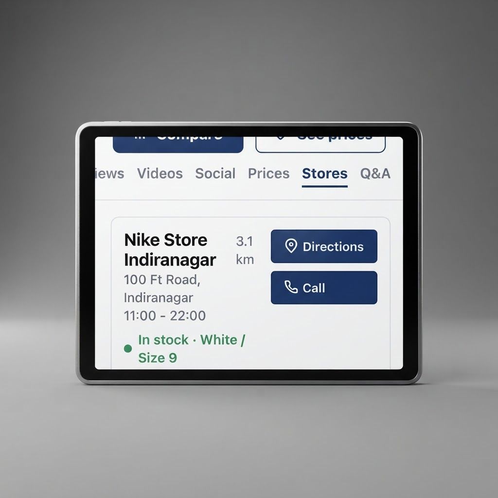 AI Design for High-end studio product photograph of Nike Store Locator UI. A mobile interface screenshot displaying store location information for a Nike store, featuring dark blue action buttons for 'Compare', 'See prices', 'Directions', and 'Call'. The text includes store address, operating hours, and real-time inventory status with a green stock indicator. Product centered as the clear hero, clean neutral background, controlled softbox lighting, realistic contact shadow, crisp edges, accurate material texture, no readable text added.