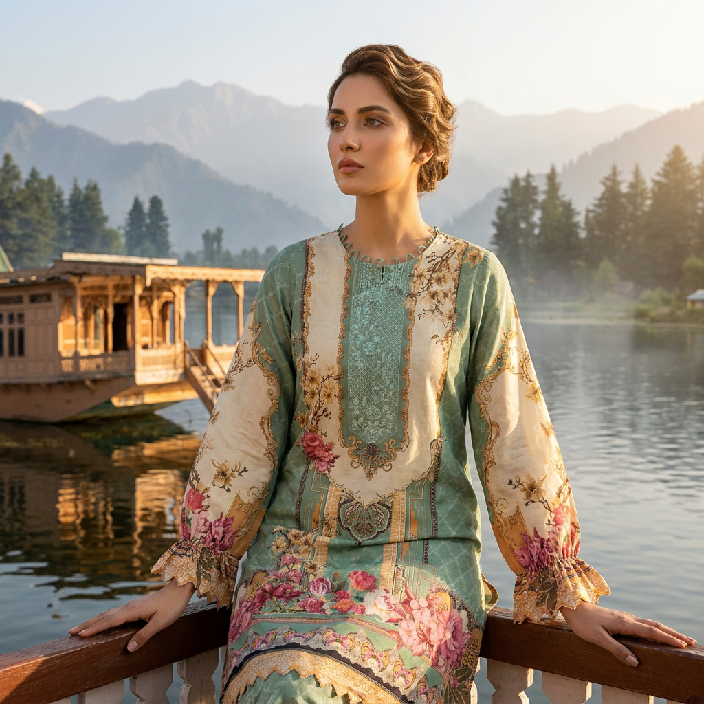 AI Design for The following reference images are provided:
- Reference A corresponds to the attached image for the brand element "TOP".

User request:
model wearing TOP in exotic locations of kashmir. cinematic shots