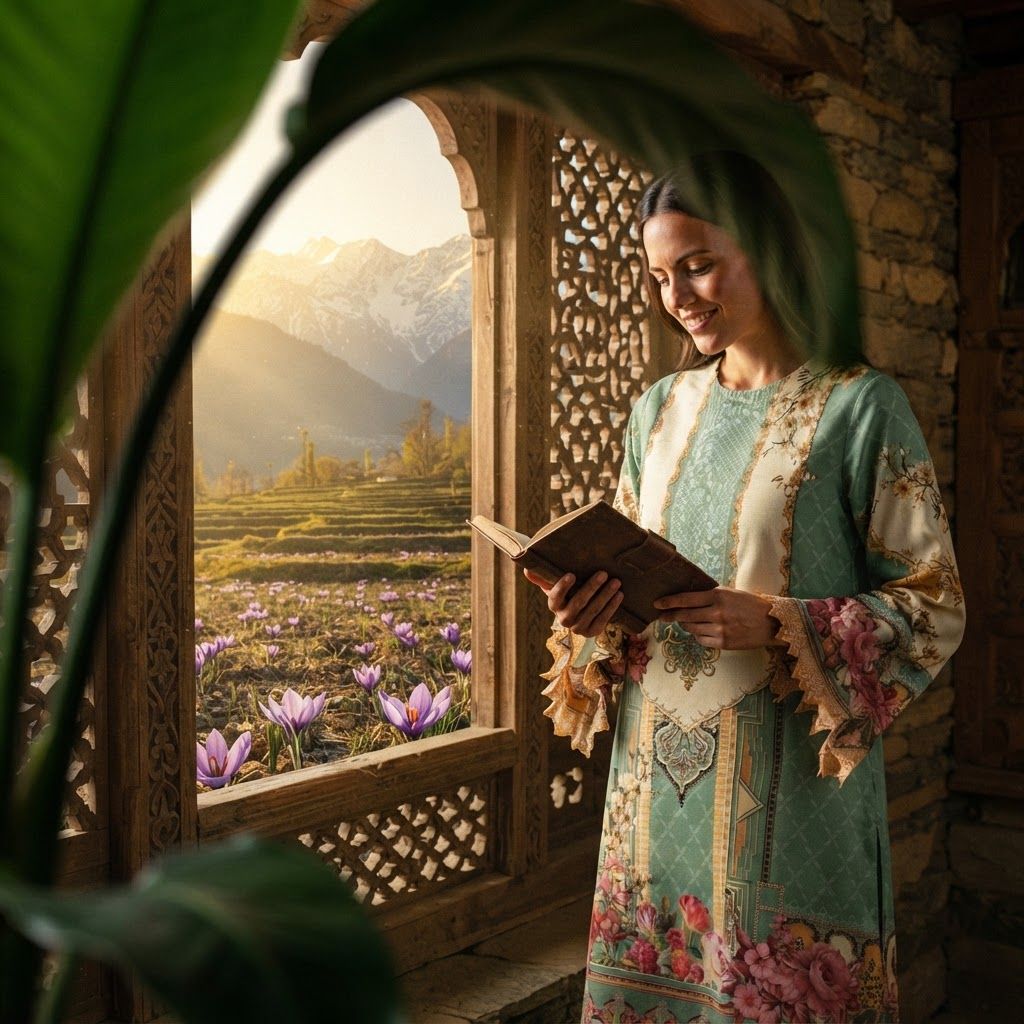 AI Design for The following reference images are provided:
- Reference A corresponds to the attached image for the brand element "TOP".

User request:
model wearing TOP in exotic locations of kashmir. cinematic shots

Apply the following visual style: A creative model product photograph of {{product}}, placed beside a clearly visible person framed through a soft foreground element, cinematic depth, controlled lighting, premium editorial advertising style.

The last reference image is a design template for layout and overall visual style. Earlier reference images match the labeled assets (Reference A, B, …) in the prompt — incorporate those assets as described while using the template for composition and mood.