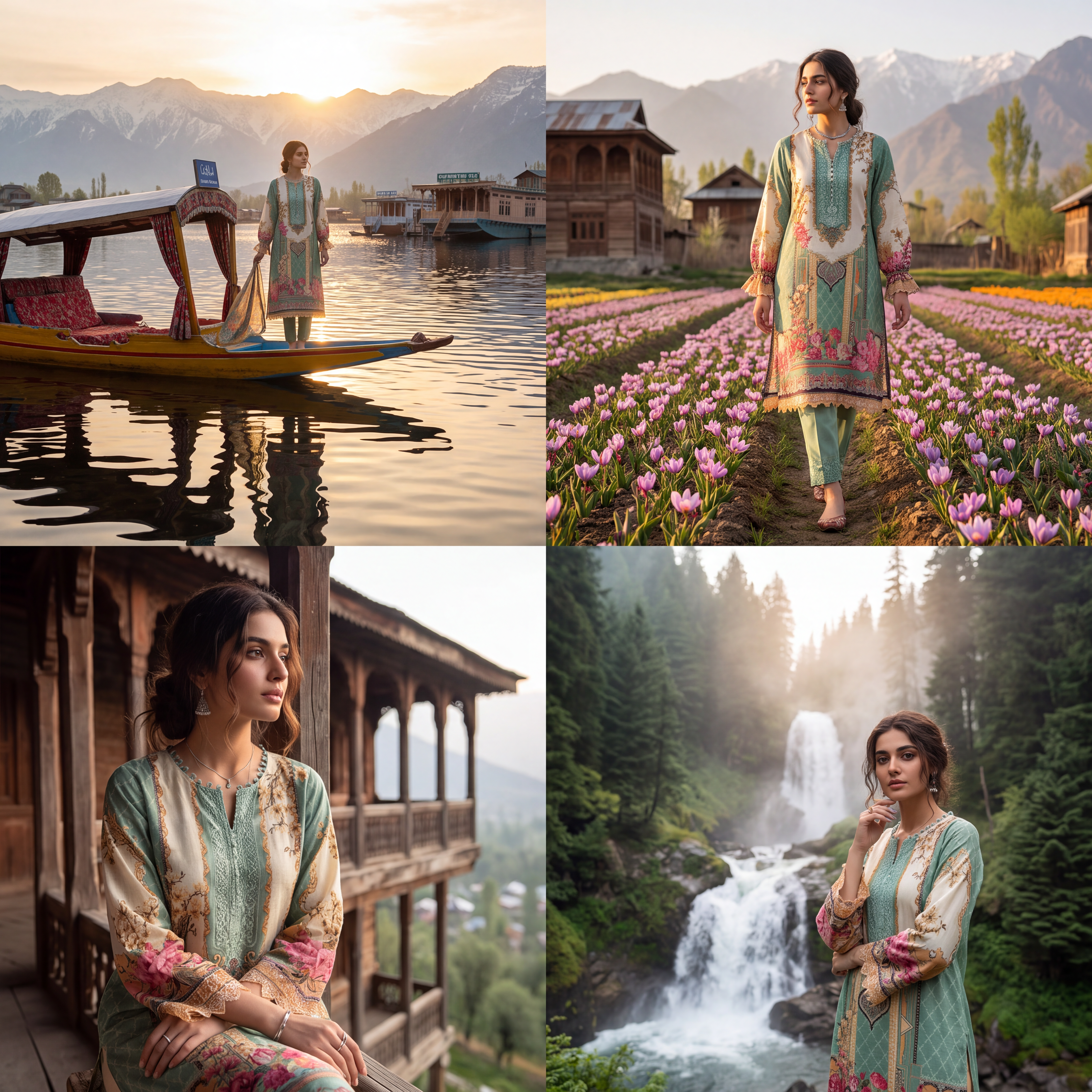AI Design for The following reference images are provided:
- Reference A corresponds to the attached image for the brand element "TOP".

User request:
model wearing TOP @ in exotic locations of kashmir. cinematic shots