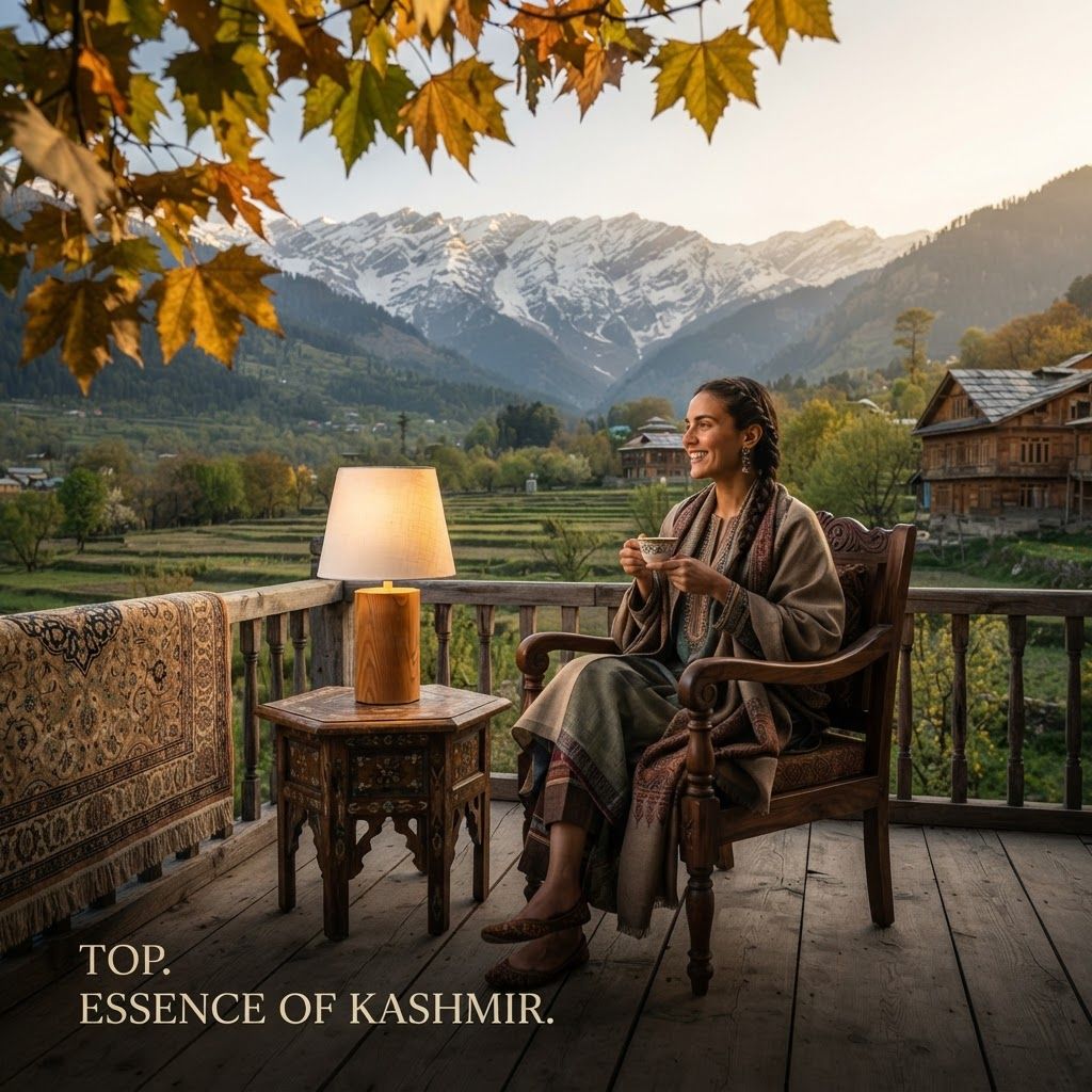 AI Design for The following reference images are provided:
- Reference A corresponds to the attached image for the brand element "TOP".

User request:
model wearing TOP in exotic locations of kashmir. cinematic shots

Apply the following visual style: A creative model product photograph of {{product}}, placed beside a clearly visible person framed through a soft foreground element, cinematic depth, controlled lighting, premium editorial advertising style.

The last reference image is a loose style and mood reference only — not a composition to reproduce exactly. Earlier reference images match the labeled assets (Reference A, B, …) in the prompt. Incorporate those assets as described; use the last image to inform palette, lighting, and atmosphere while following the user's prompt for layout and subject. Create a fresh composition — do not duplicate the template shot.