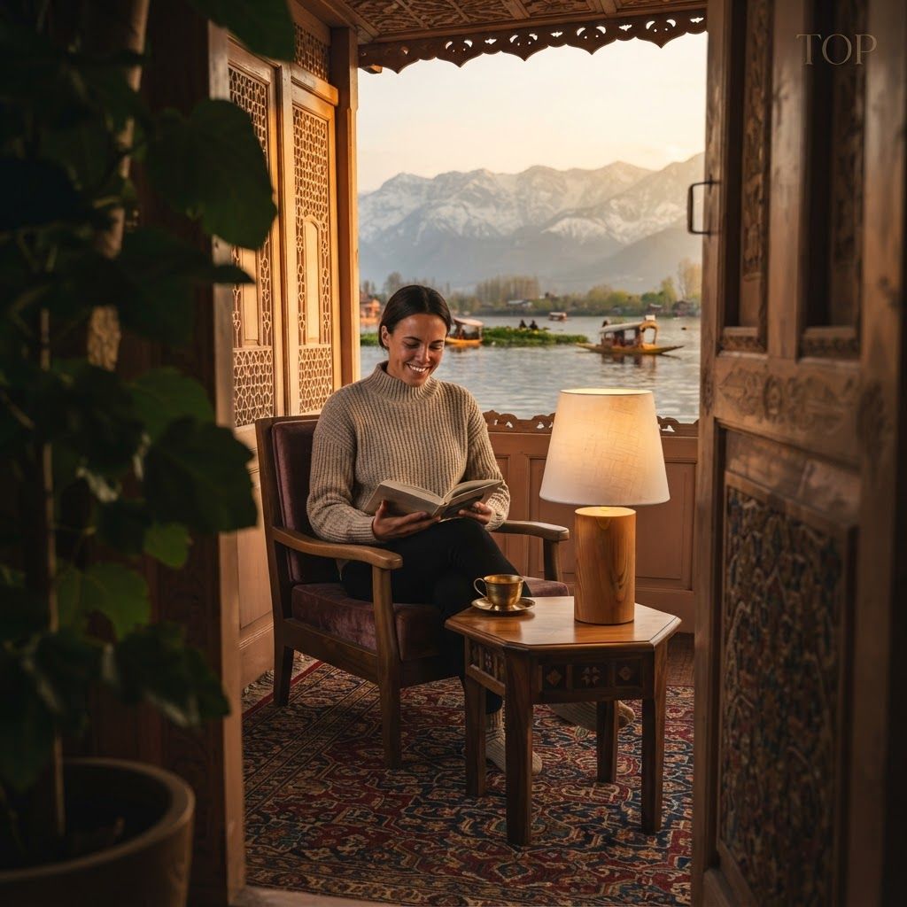 AI Design for The following reference images are provided:
- Reference A corresponds to the attached image for the brand element "TOP".

User request:
model wearing TOP in exotic locations of kashmir. cinematic shots

Apply the following visual style: A creative model product photograph of {{product}}, placed beside a clearly visible person framed through a soft foreground element, cinematic depth, controlled lighting, premium editorial advertising style.

The last reference image is a design template for layout and overall visual style. Earlier reference images match the labeled assets (Reference A, B, …) in the prompt — incorporate those assets as described while using the template for composition and mood.