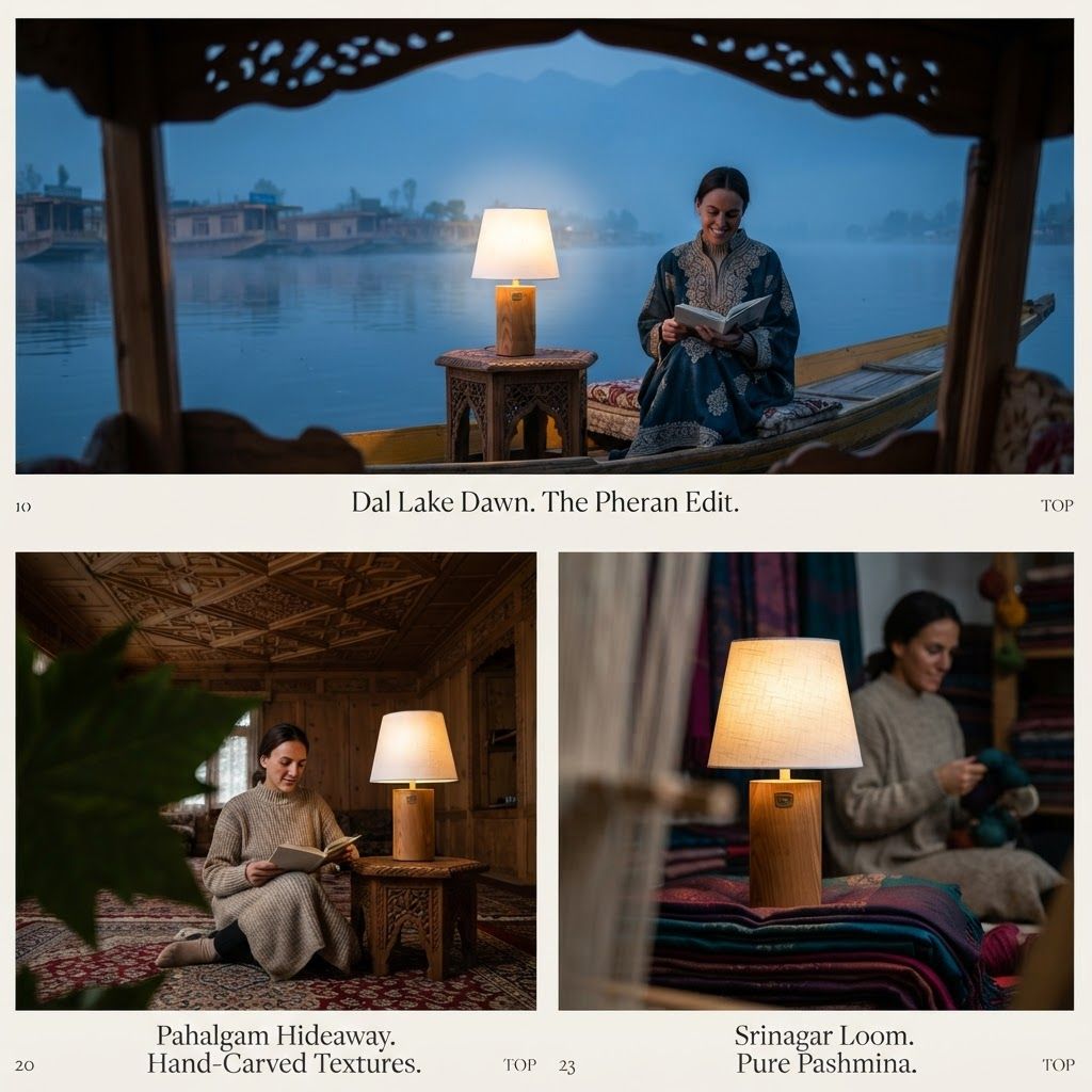 AI Design for The following reference images are provided:
- Reference A corresponds to the attached image for the brand element "TOP".

User request:
model wearing TOP in exotic locations of kashmir. cinematic shots

Apply the following visual style: A creative model product photograph of {{product}}, placed beside a clearly visible person framed through a soft foreground element, cinematic depth, controlled lighting, premium editorial advertising style.

The last reference image is a design template for layout and overall visual style. Earlier reference images match the labeled assets (Reference A, B, …) in the prompt — incorporate those assets as described while using the template for composition and mood.