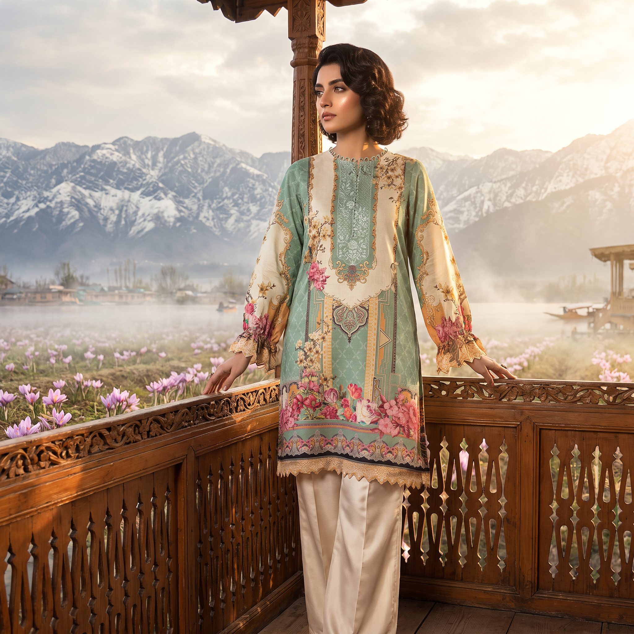 AI Design for The following reference images are provided:
- Reference A corresponds to the attached image for the brand element "TOP".

User request:
model wearing TOP @ in exotic locations of kashmir. cinematic shots