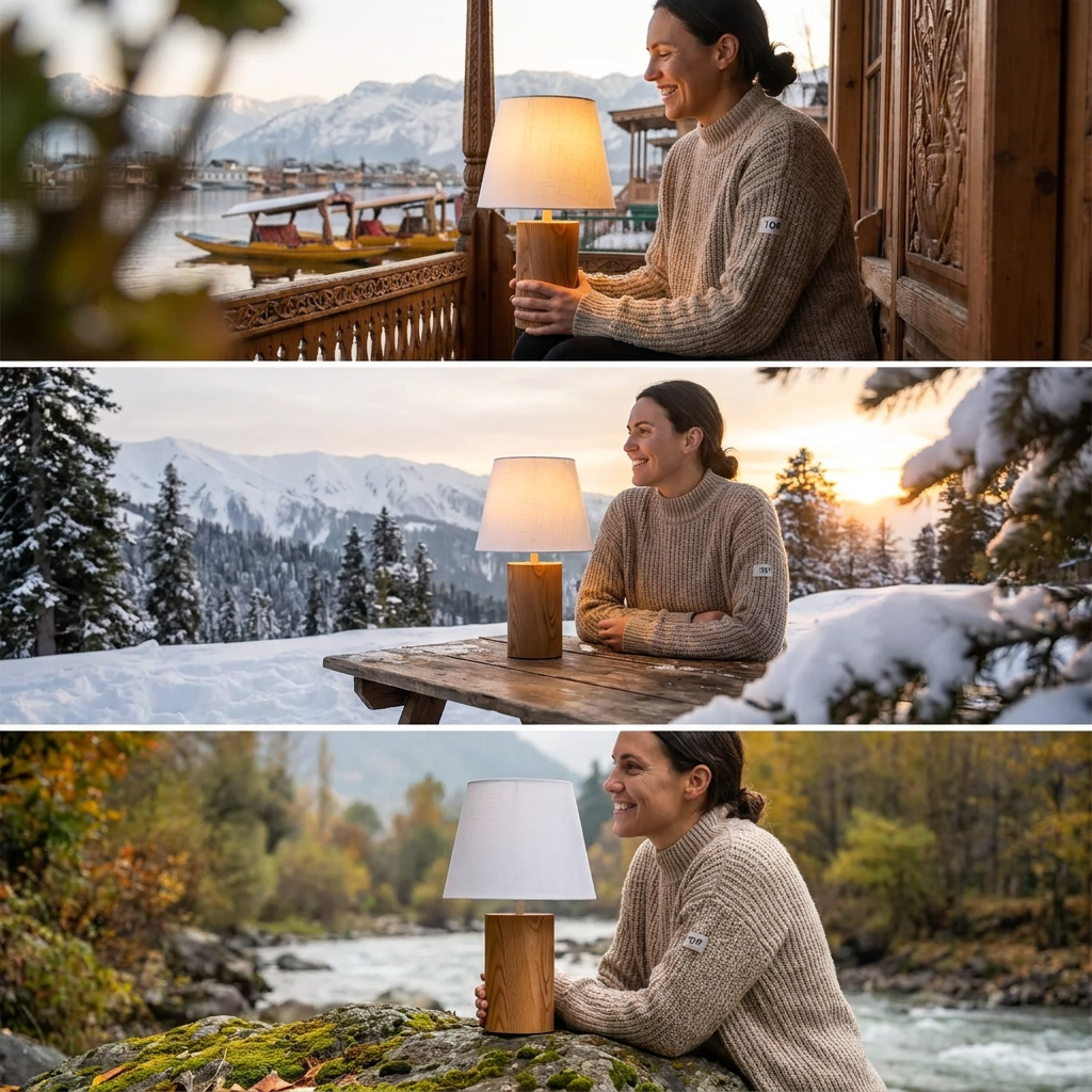 AI Design for The following reference images are provided:
- Reference A corresponds to the attached image for the brand element "TOP".

User request:
model wearing TOP in exotic locations of kashmir. cinematic shots

Apply the following visual style: A creative model product photograph of {{product}}, placed beside a clearly visible person framed through a soft foreground element, cinematic depth, controlled lighting, premium editorial advertising style.

The last reference image is a design template for layout and overall visual style. Earlier reference images match the labeled assets (Reference A, B, …) in the prompt — incorporate those assets as described while using the template for composition and mood.
