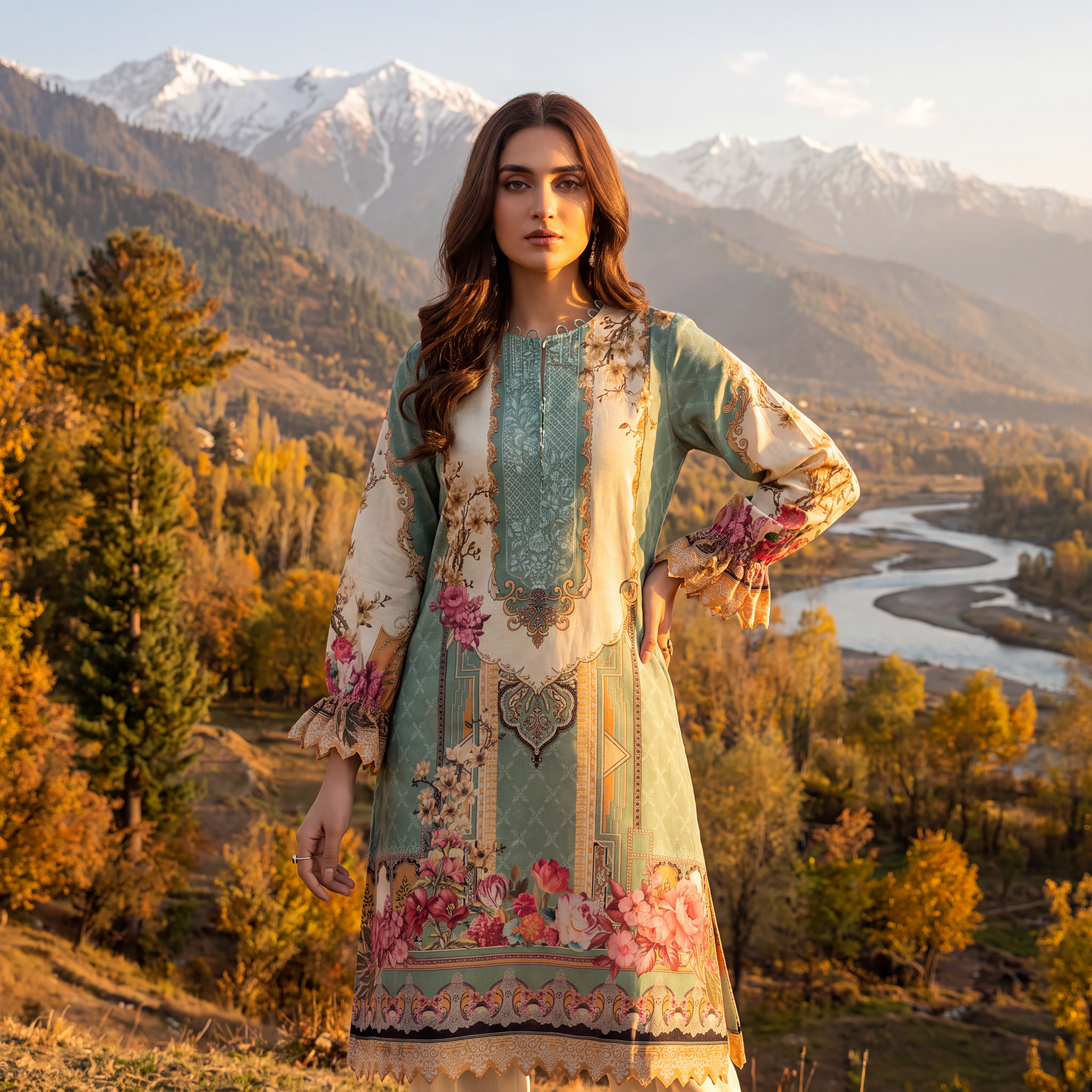 AI Design for The following reference images are provided:
- Reference A corresponds to the attached image for the brand element "TOP".

User request:
model wearing TOP in exotic locations of kashmir. cinematic shots