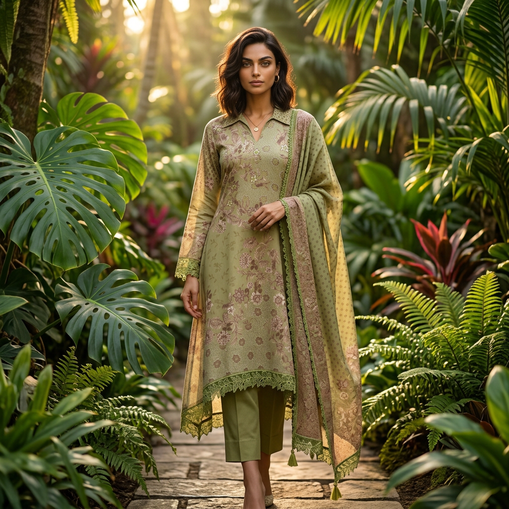 AI Design for A high-fashion editorial portrait capturing a model wearing {{asset:varndaah}} in a lush, exotic garden. The composition features the full dress, detailed dupatta, and tailored pants, illuminated by soft golden hour light filtering through tropical foliage. The scene is rendered with a cinematic depth of field, highlighting the intricate textures of the garment against vibrant, saturated natural colors.