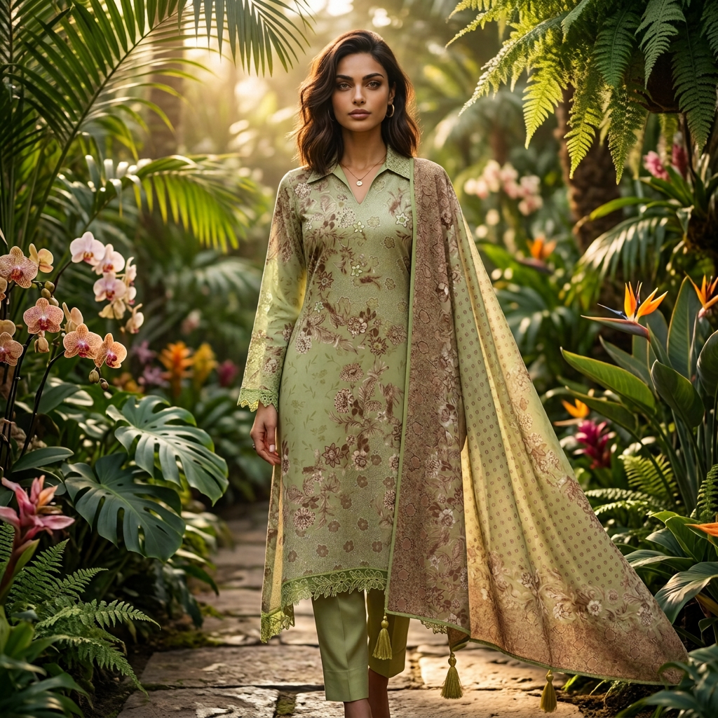 AI Design for A high-fashion editorial portrait of a model gracefully wearing {{asset:varndaah}} in a lush, exotic garden setting. Soft golden hour sunlight filters through tropical foliage, casting intricate shadows on the intricate textures of the garment, with a cinematic depth of field and vibrant, saturated colors.