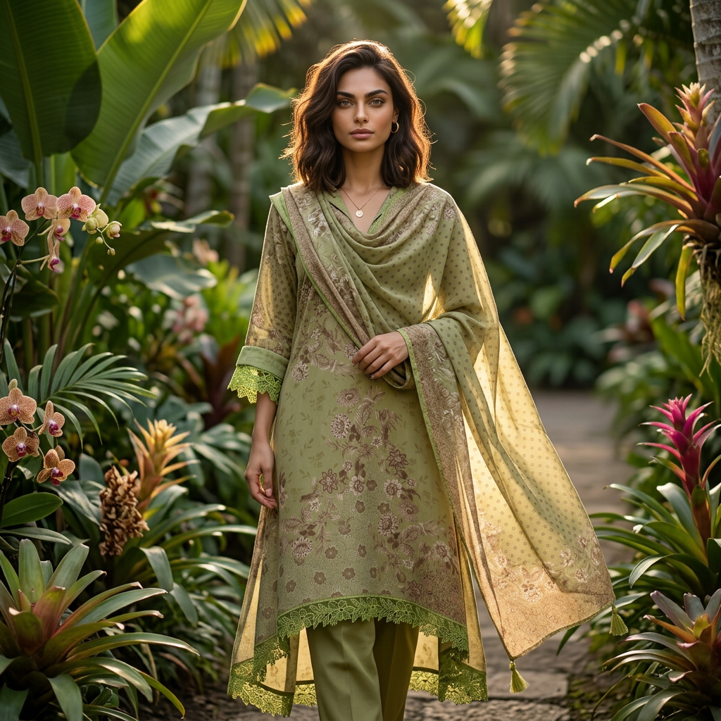 AI Design for A high-fashion editorial portrait of a model gracefully wearing {{asset:varndaah}} in a lush, exotic garden setting. Soft golden hour sunlight filters through tropical foliage, casting intricate shadows on the intricate textures of the garment, with a cinematic depth of field and vibrant, saturated colors.