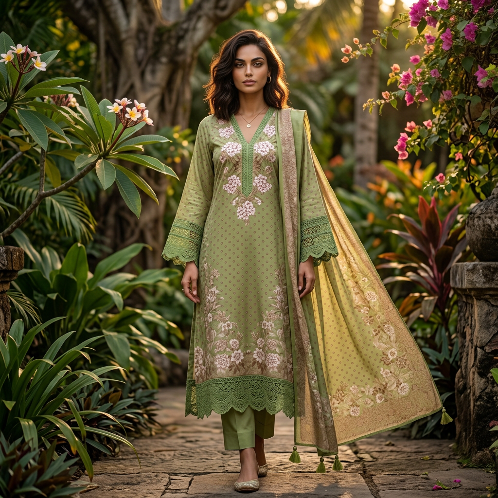 AI Design for A high-fashion editorial portrait capturing a model wearing {{asset:varndaah}} in a lush, exotic garden. The composition features the full dress, detailed dupatta, and tailored pants, illuminated by soft golden hour light filtering through tropical foliage. The scene is rendered with a cinematic depth of field, highlighting the intricate textures of the garment against vibrant, saturated natural colors.