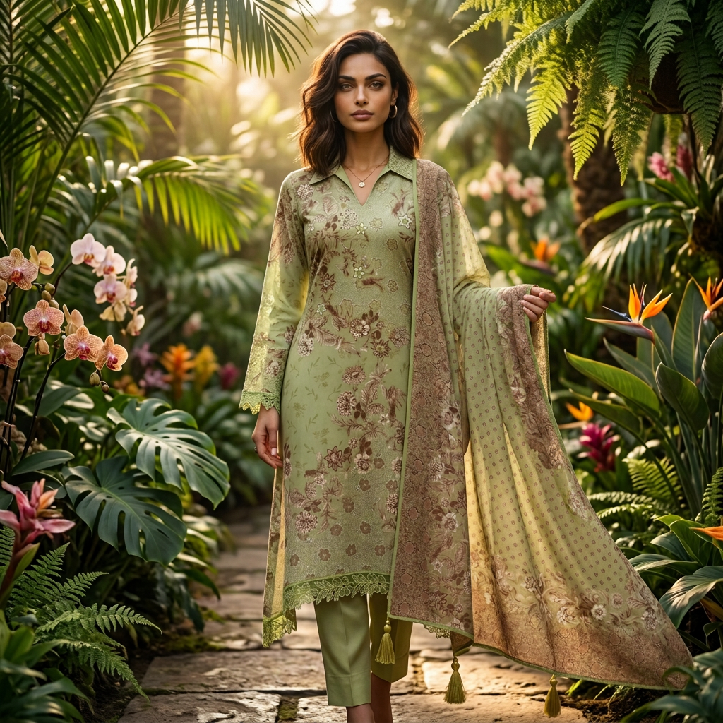 AI Design for A high-fashion editorial portrait of a model gracefully wearing {{asset:varndaah}} in a lush, exotic garden setting. Soft golden hour sunlight filters through tropical foliage, casting intricate shadows on the intricate textures of the garment, with a cinematic depth of field and vibrant, saturated colors.