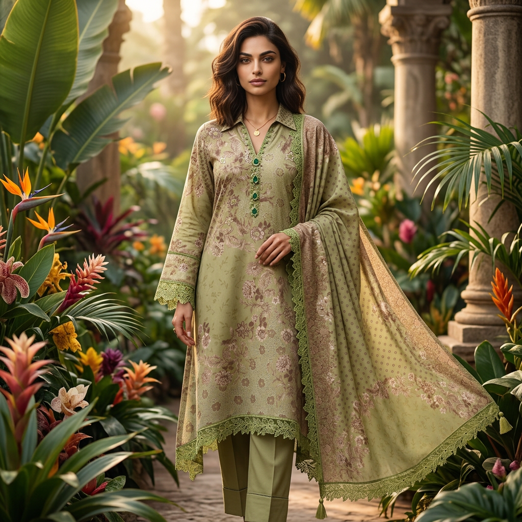 AI Design for A high-fashion editorial portrait of a model gracefully wearing {{asset:varndaah}} in a lush, exotic garden setting. Soft golden hour sunlight filters through tropical foliage, casting intricate shadows on the intricate textures of the garment, with a cinematic depth of field and vibrant, saturated colors. match exact dsign image 1 : dupatta, imagfe 3 Full Dress, Image 3 Pant, Image 4 Model