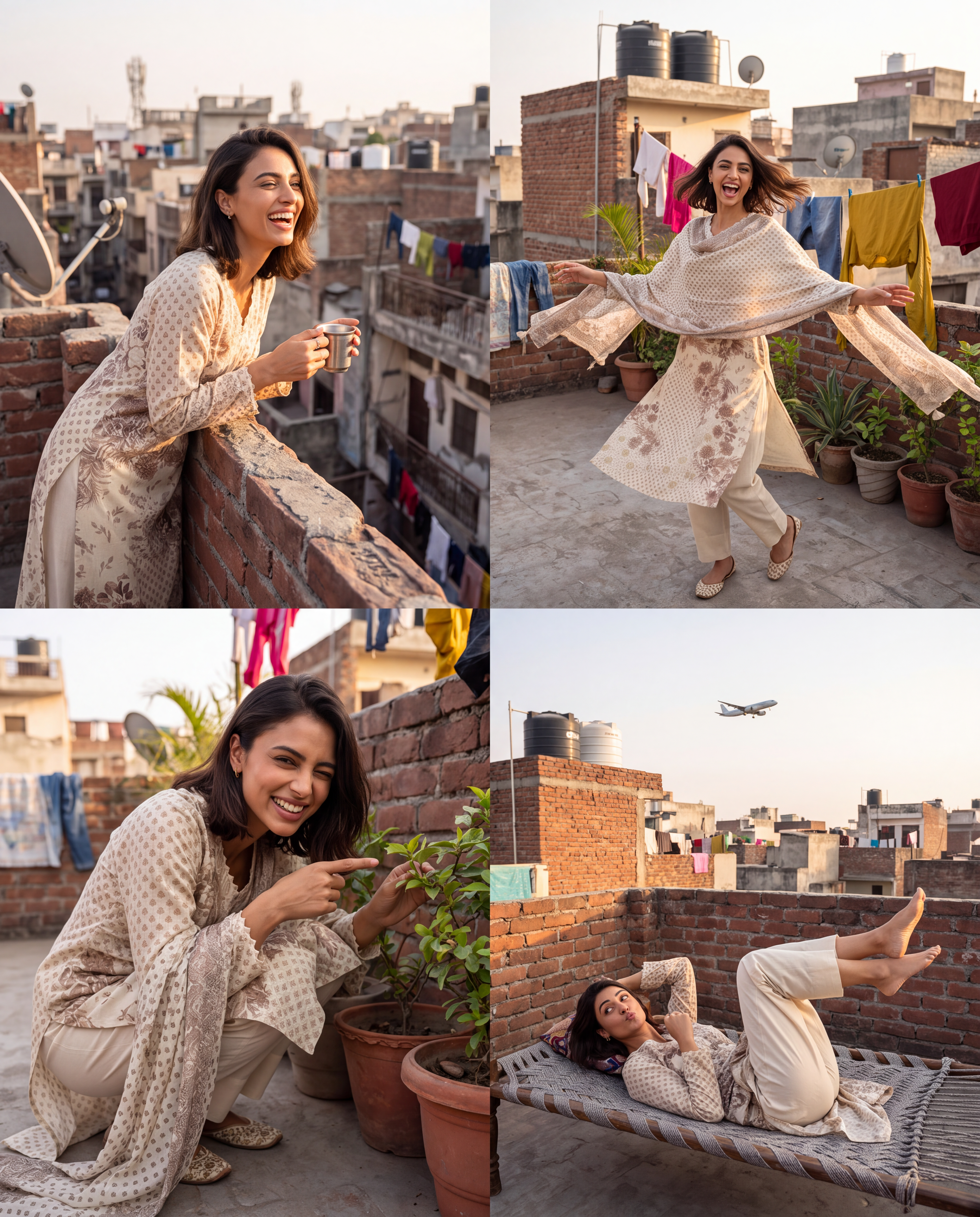 AI Design for The following reference images are provided:
- Reference A corresponds to the attached image for the character "model".

User request:
model wears kurta in ope terrace of the house in densed delhi area.. model is playful and doing different activities. multiple expression. cinematic composition

The attached image is a product reference photo. Use it to ensure accurate product representation, including colors, shapes, logos, and details. Maintain product fidelity while adapting to the creative context.
