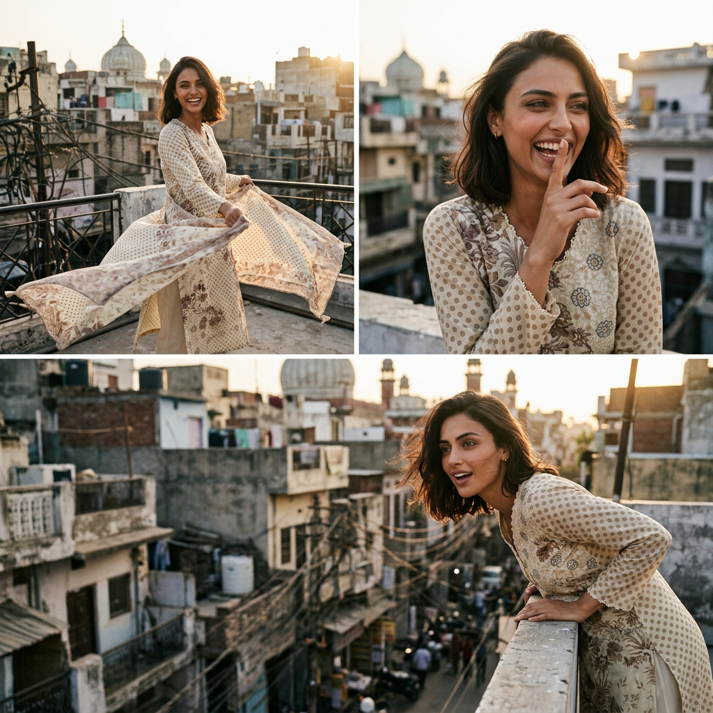 AI Design for The following reference images are provided:
- Reference A corresponds to the attached image for the character "model".

User request:
model wears kurta in ope terrace of the house in densed delhi area.. model is playful and doing different activities. multiple expression. cinematic composition

The attached image is a product reference photo. Use it to ensure accurate product representation, including colors, shapes, logos, and details. Maintain product fidelity while adapting to the creative context.