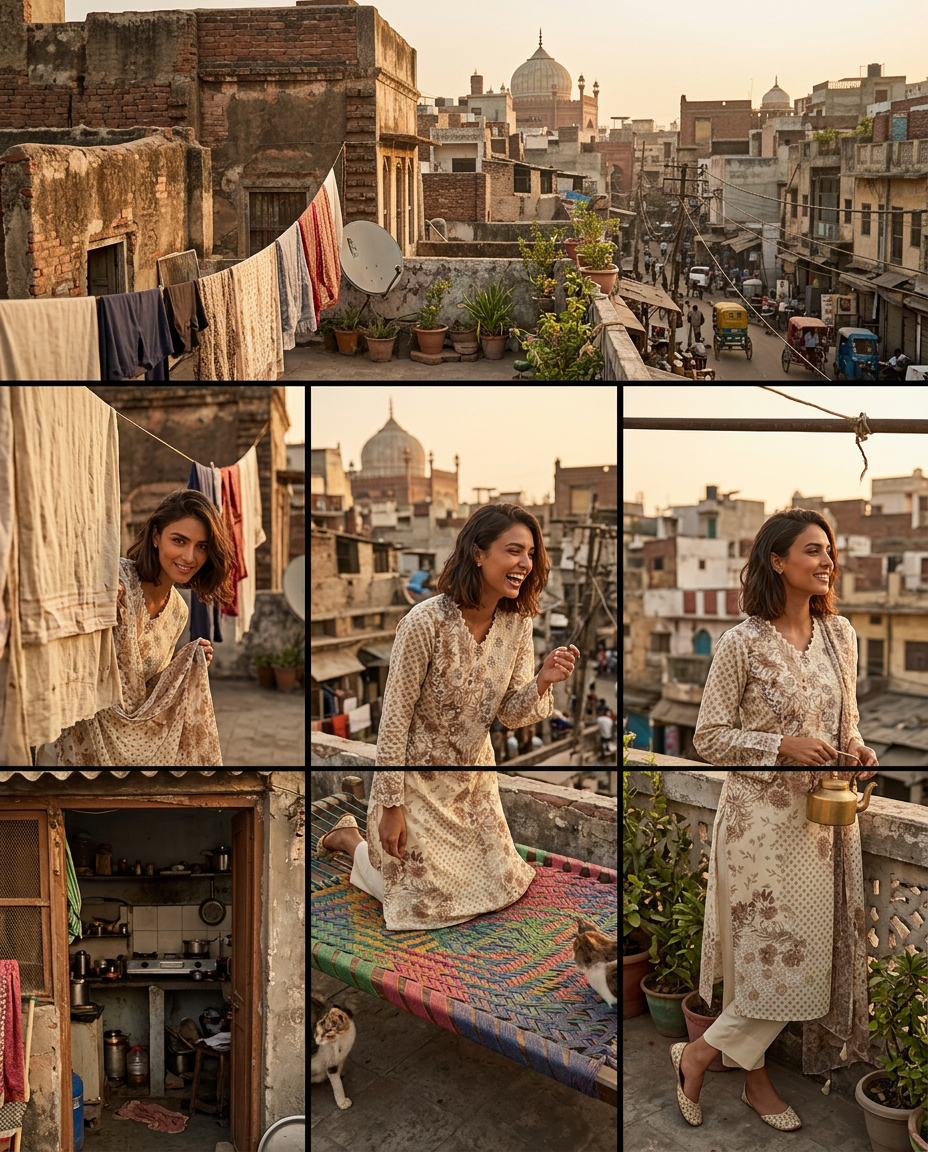 AI Design for The following reference images are provided:
- Reference A corresponds to the attached image for the character "model".

User request:
model wears kurta in ope terrace of the house in densed delhi area.. model is playful and doing different activities. multiple expression. cinematic composition

The attached image is a product reference photo. Use it to ensure accurate product representation, including colors, shapes, logos, and details. Maintain product fidelity while adapting to the creative context.