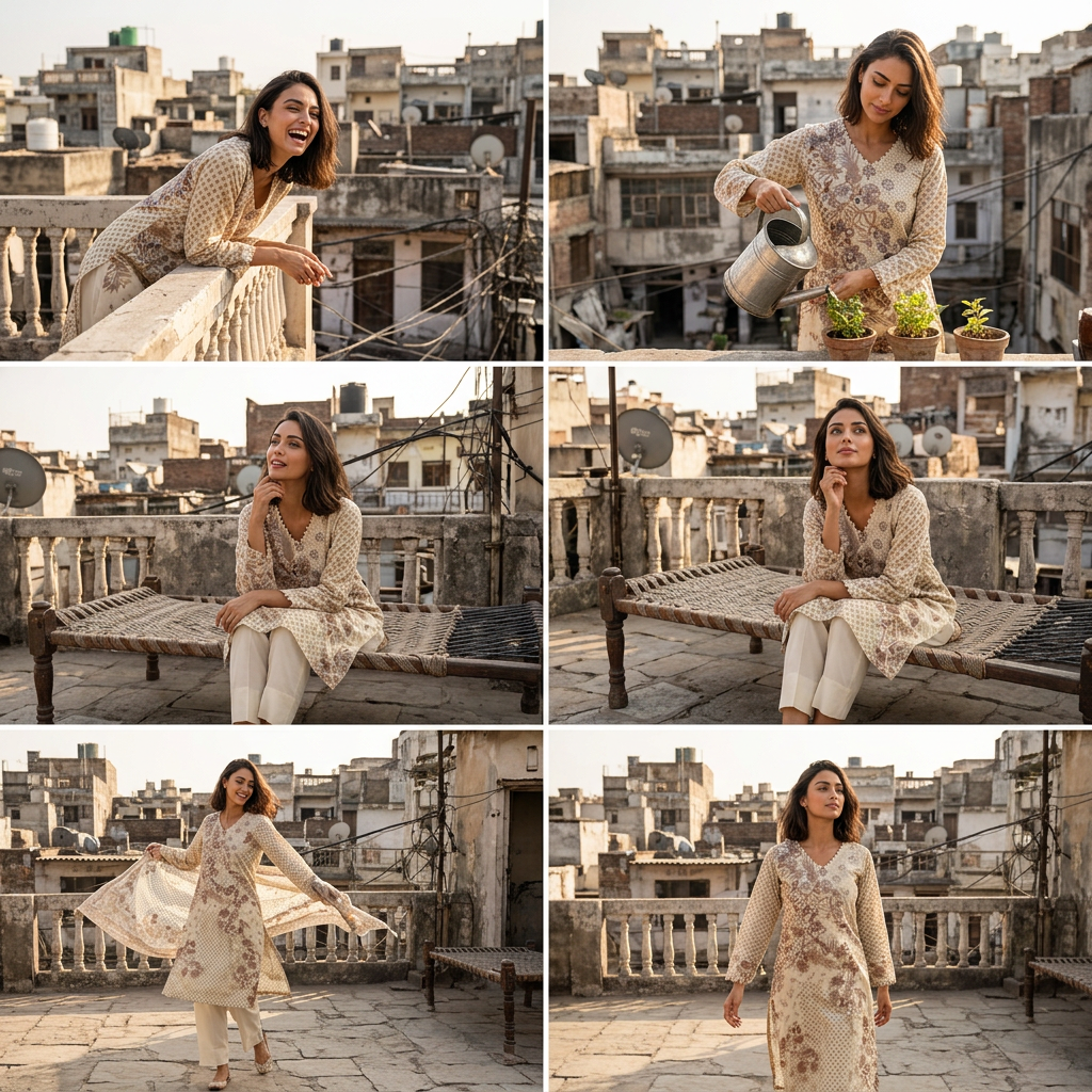 AI Design for The following reference images are provided:
- Reference A corresponds to the attached image for the character "model".

User request:
model wears kurta in ope terrace of the house in densed delhi area.. model is playful and doing different activities. multiple expression s

The attached image is a product reference photo. Use it to ensure accurate product representation, including colors, shapes, logos, and details. Maintain product fidelity while adapting to the creative context.