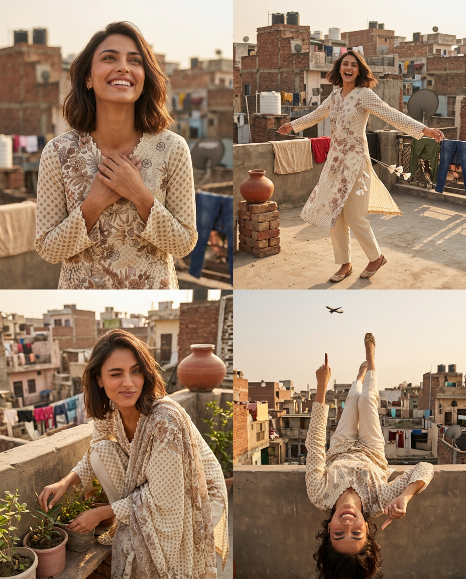 AI Design for The following reference images are provided:
- Reference A corresponds to the attached image for the character "model".

User request:
model wears kurta in ope terrace of the house in densed delhi area.. model is playful and doing different activities. multiple expression s

The attached image is a product reference photo. Use it to ensure accurate product representation, including colors, shapes, logos, and details. Maintain product fidelity while adapting to the creative context.