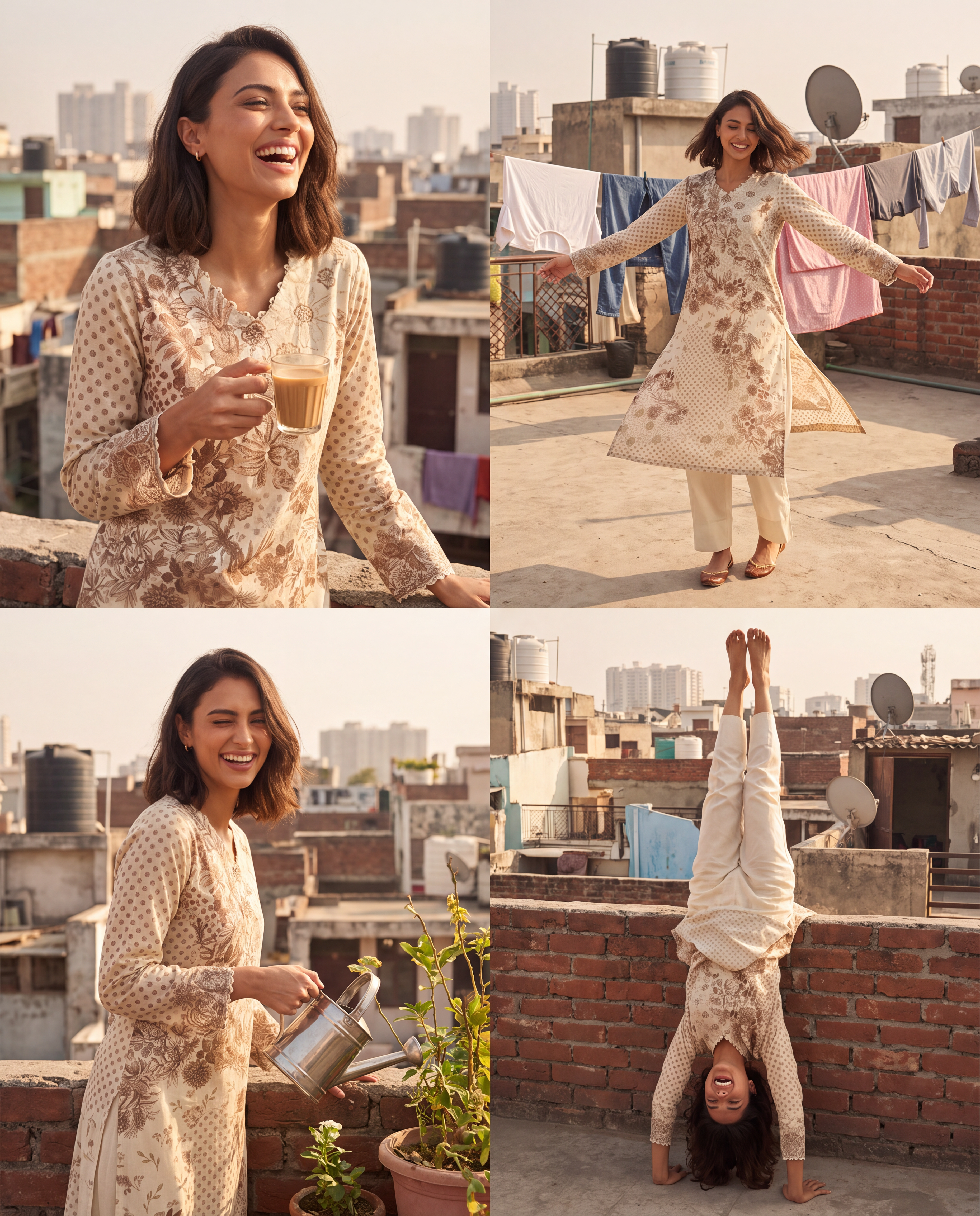 AI Design for The following reference images are provided:
- Reference A corresponds to the attached image for the character "model".

User request:
model wears kurta in ope terrace of the house in densed delhi area.. model is playful and doing different activities. multiple expression. cinematic composition

The attached image is a product reference photo. Use it to ensure accurate product representation, including colors, shapes, logos, and details. Maintain product fidelity while adapting to the creative context.