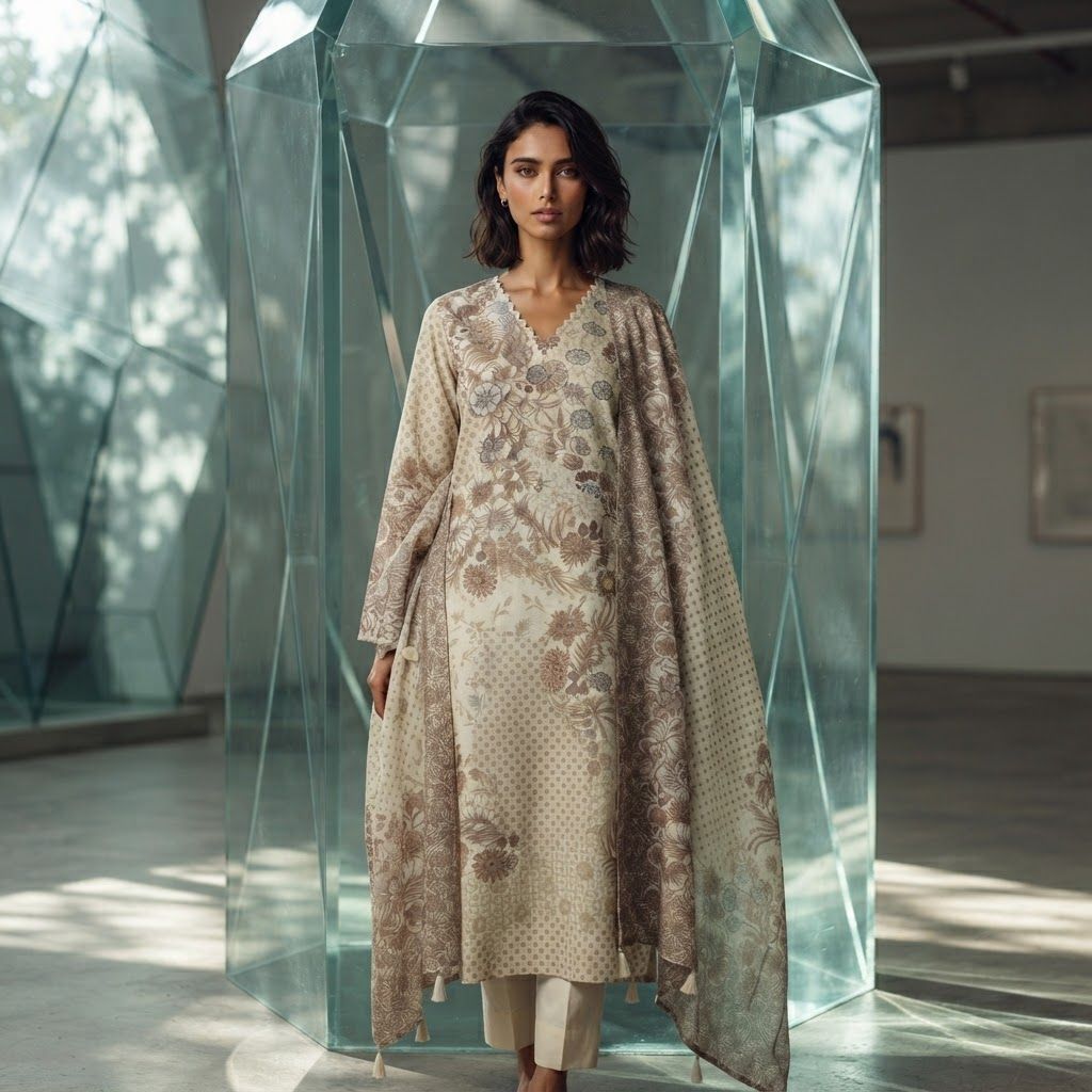 AI Design for The following reference images are provided:
- Reference A corresponds to the attached image for the character "model".
User request:
model kurta ultra modern glass monolith
The attached image is a product reference photo. Use it to ensure accurate product representation, including colors, shapes, logos, and details. Maintain product fidelity while adapting to the creative context.