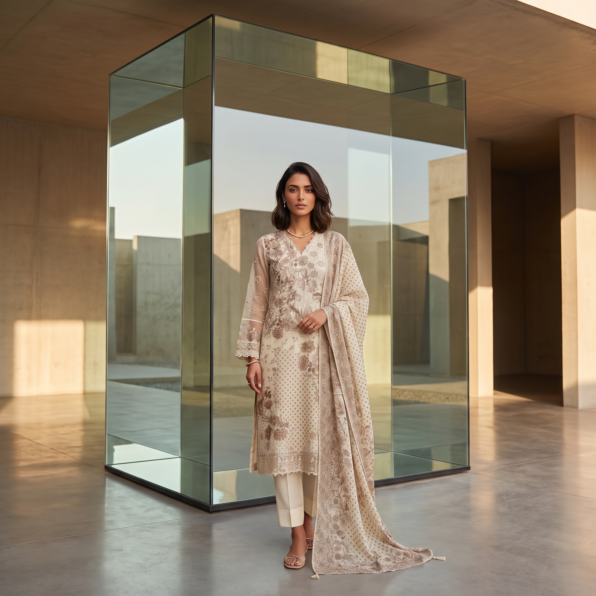 AI Design for The following reference images are provided:
- Reference A corresponds to the attached image for the character "model".
User request:
model kurta ultra modern glass monolith
The attached image is a product reference photo. Use it to ensure accurate product representation, including colors, shapes, logos, and details. Maintain product fidelity while adapting to the creative context.