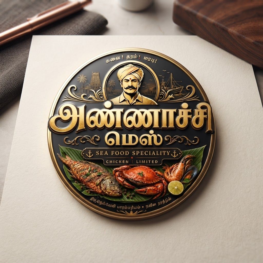 AI Design for Premium logo presentation mockup concept for Create a premium, heritage-inspired brand identity for a South Indian seafood restaurant that balances traditional cultural iconography with high-end culinary presentation.. Logo or brand mark displayed on a clean neutral surface with subtle depth, refined shadow, precise alignment, elegant design-studio presentation, no extra readable text.

Incorporate the attached brand element reference image (Reference A: brand element "Annachi Mess") into the composition where natural — preserve the depicted brand element's appearance.