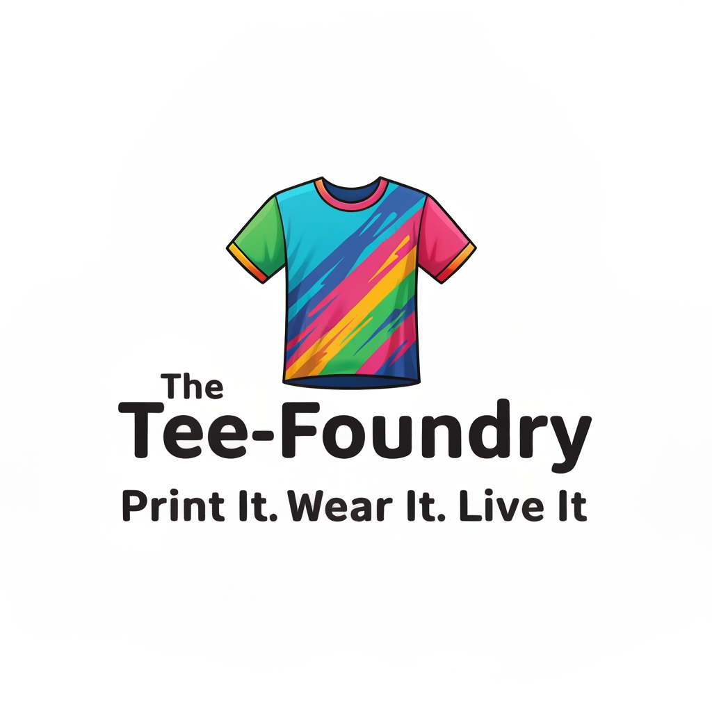 AI Design for generate a Logo for "The Tee-Foundry" and tagline:"Print It. Wear It. Live It". give it colourful and realistic...dont be clumsy