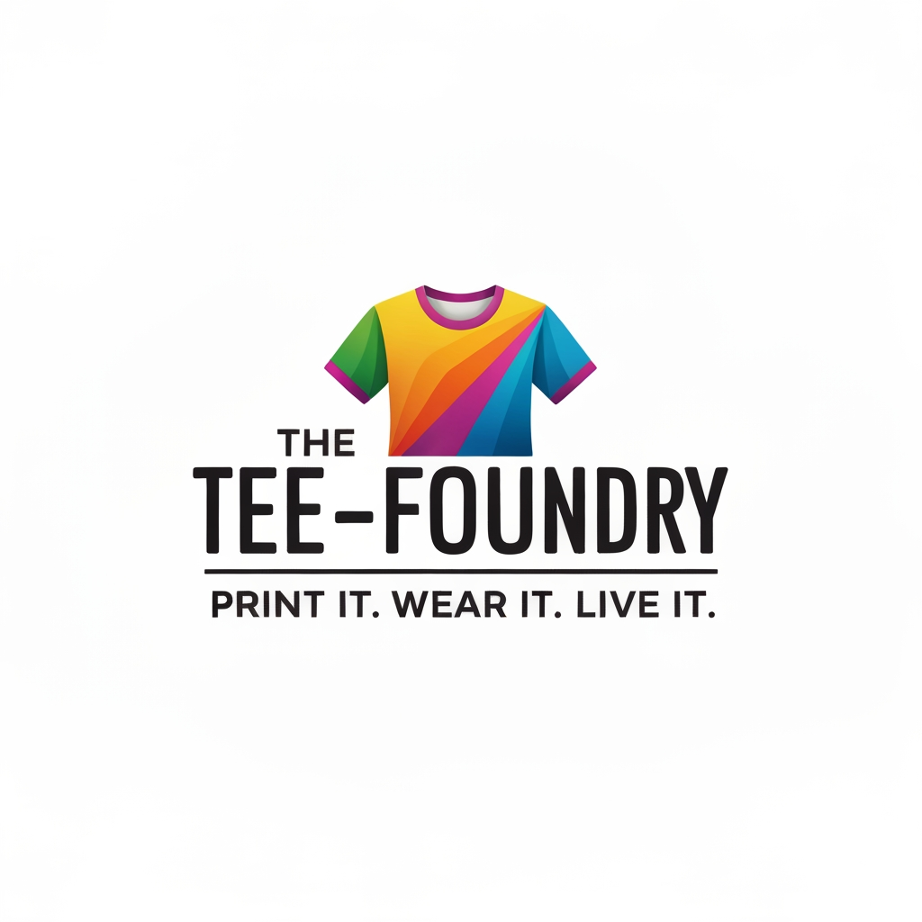 AI Design for generate a Logo for "The Tee-Foundry" and tagline:"Print It. Wear It. Live It". give it colourful and realistic...dont be clumsy. more attractive