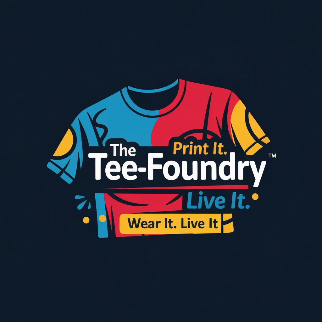 AI Design for generate a Logo for "The Tee-Foundry" and tagline:"Print It. Wear It. Live It". give it colourful and realistic