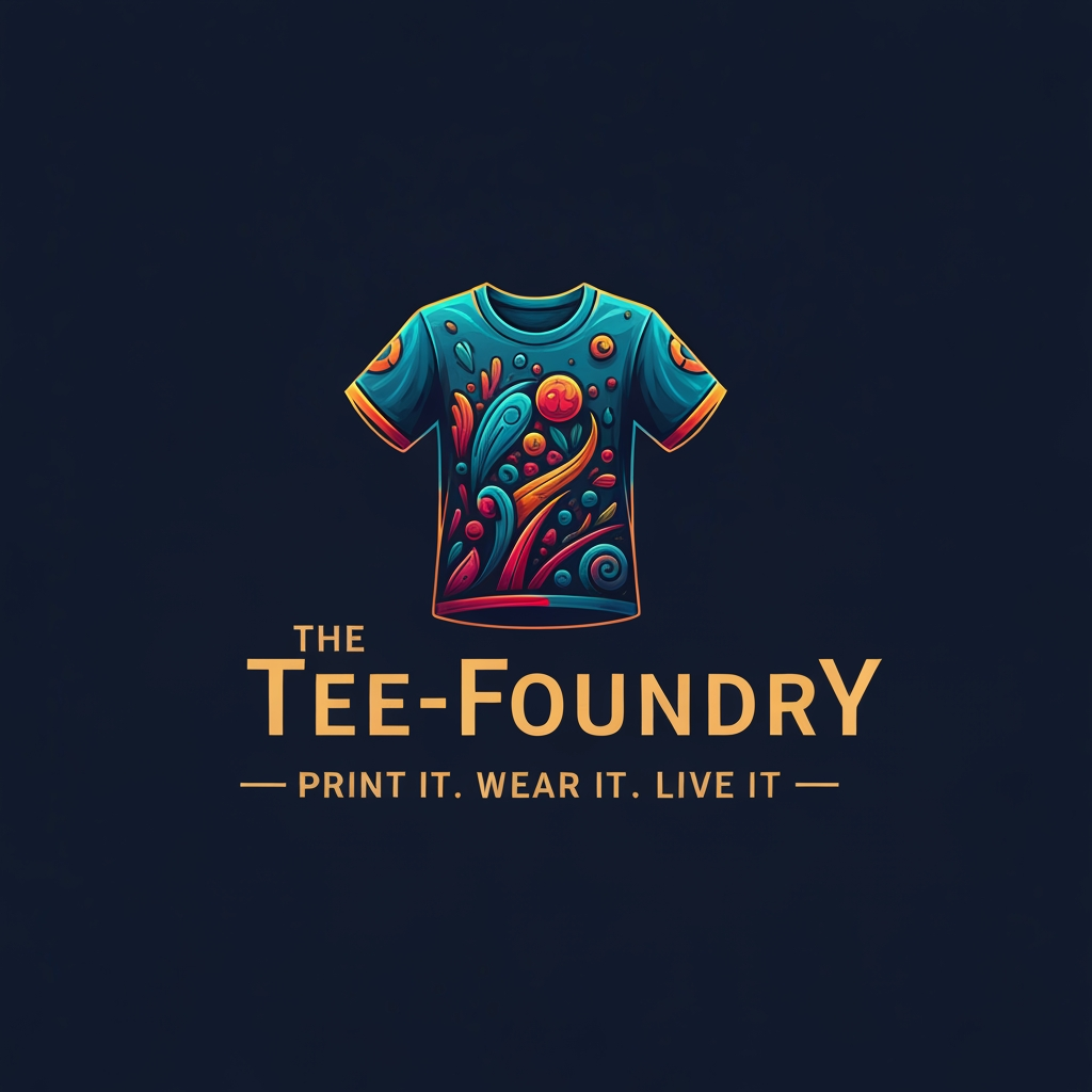 AI Design for generate a Logo for "The Tee-Foundry" and tagline:"Print It. Wear It. Live It". give it colourful and realistic