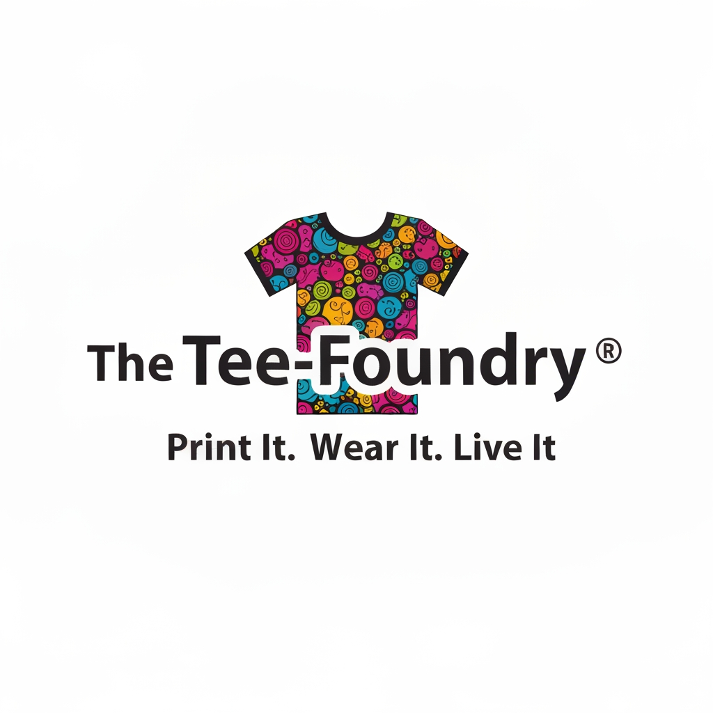 AI Design for generate a Logo for "The Tee-Foundry" and tagline:"Print It. Wear It. Live It". give it colourful and realistic...dont be clumsy. more attractive