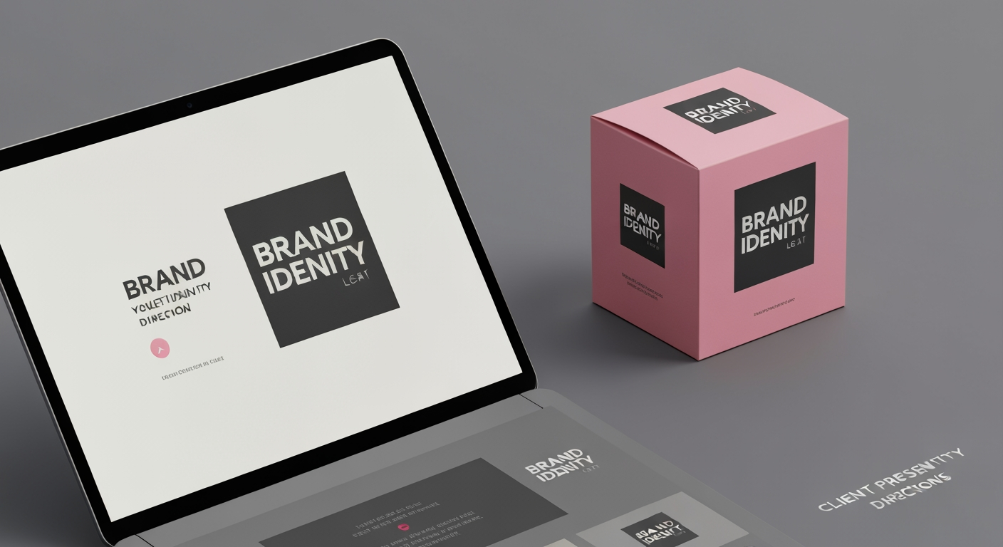 AI Design for Client presentation mockup concept for Brand identity directions for a client. Polished scene showing the design direction applied to a realistic surface, screen, poster, or object, premium agency presentation style, no readable placeholder text.