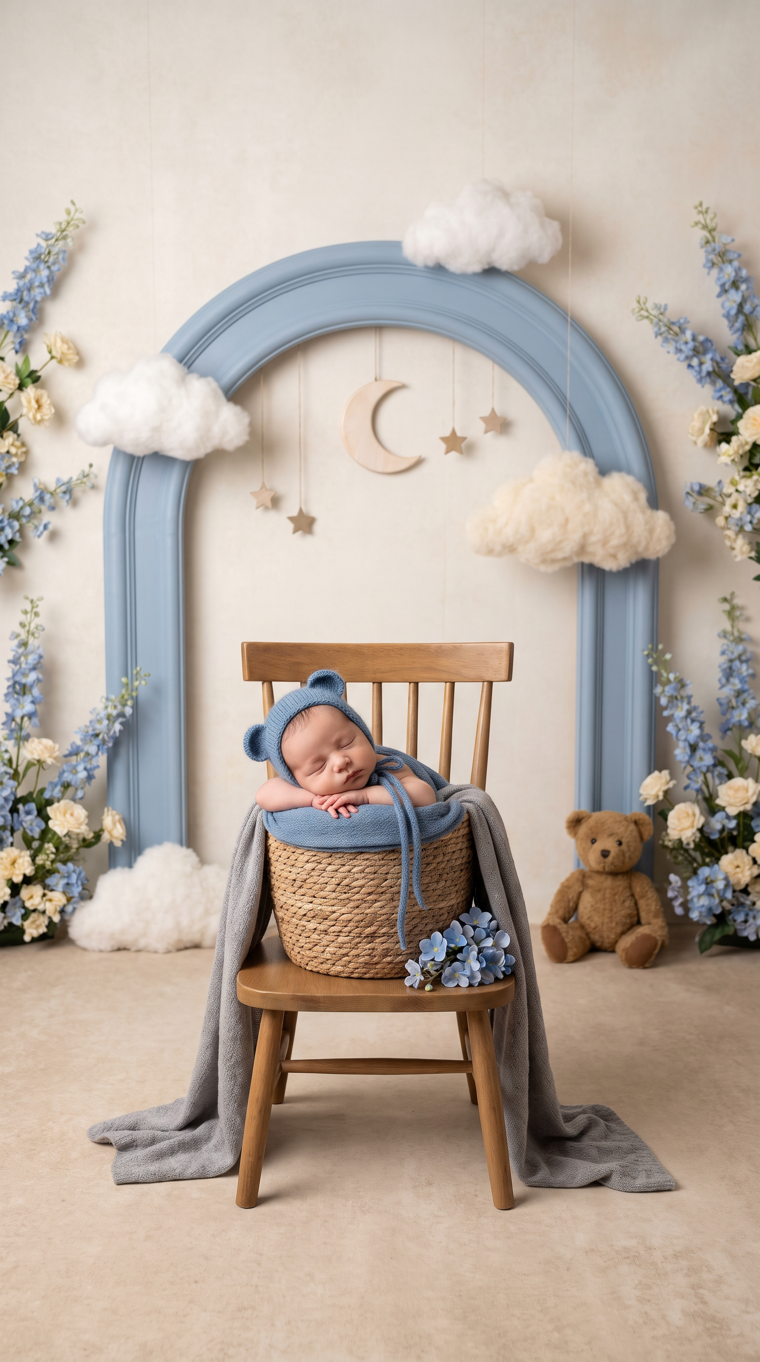 AI Design for Replace only the background and surrounding floor with a professionally styled newborn photography set inspired by a “Little Bear’s Dream Garden.” Create a charming, layered studio scene with a softly textured ivory backdrop, a large powder-blue decorative arch behind the chair, delicate blue delphiniums and cream blossoms arranged along the outer edges, and a few fluffy cloud props suspended at different heights. Add a small pale wooden crescent moon and tiny muted-gold hanging stars in the upper background. Place one small vintage teddy bear on the floor beside the chair, partially behind it and away from the baby. Use a refined palette of dusty blue, warm cream, soft beige, and natural wood.

Make the set playful and imaginative yet polished and believable, like a premium newborn photography session with real handcrafted props—not a digital fantasy illustration. Keep the decorations asymmetrical and thoughtfully spaced, framing the baby without crowding the face or overlapping the existing flowers. Use soft studio lighting consistent with the original light on the baby, gentle background blur, realistic depth, and natural contact shadows beneath the chair and props.

Preserve the baby’s exact identity, facial features, expression, skin tone, natural skin texture, hair, pose, hands, and fingers. Keep the knitted bear-ear bonnet, blue fabrics, existing blue flowers, woven basket, draped blanket, and entire wooden chair completely unchanged. Maintain the original framing, camera angle, and subject proportions. Replace the old background cleanly through all visible gaps between flower stems and chair parts, preserving fine edges and knitted fibers.

Avoid excessive decorations, bright saturated colors, glitter effects, cartoon styling, CGI, artificial skin smoothing, altered anatomy, duplicated objects, floating props, cutout halos, text, and watermarks.