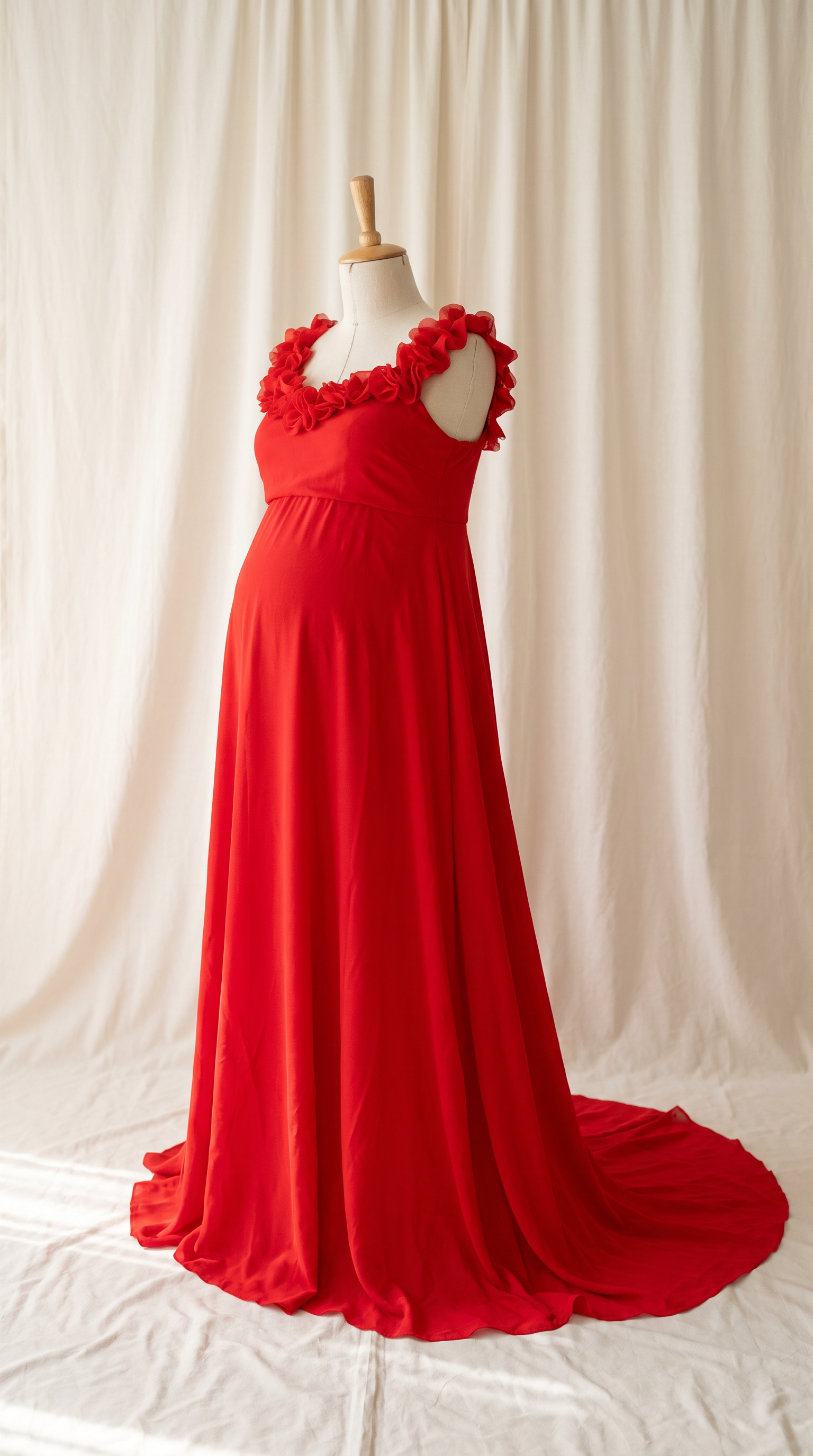 AI Design for 

{
  "task": "Reference-guided maternity garment transfer and studio background replacement",
  "reference_image": "[Attach the original maternity dress photograph]",
  "prompt": "Create a photorealistic maternity fashion product photograph using the attached image as the authoritative garment reference. Transfer the existing dress onto the specified pregnant tailor's dress form; do not create a similar dress, reinterpret the design, beautify it, or redesign it. Change only the original wearer or display form and the surrounding environment. Garment fidelity takes priority over styling and aesthetics. Follow the preservation, mannequin, background, lighting, and framing requirements below.",
  "garment_preservation": {
    "preserve": "Match the visible reference faithfully: hue, saturation, tonal relationships, fabric texture and weight, weave, sheen, transparency, print scale and placement, lace motifs, embroidery, embellishments, seams, neckline, bodice construction, waistline, sleeve cut and length, cuffs, hem, skirt volume, dress length, and any existing train.",
    "fit_and_drape": "Allow only the physically necessary changes in folds and tension caused by fitting the garment to the pregnant form. Preserve the garment's construction and overall silhouette. Fabric must respond naturally to gravity and belly volume, without stretching prints, melting lace, or distorting seams. Support the sleeves naturally without visible arms, hands, rods, or stuffing.",
    "uncertainty": "Do not invent decorative details or unseen garment construction. Keep the reference viewing angle where possible. If the hem or train is cropped out, preserve a comparable crop rather than inventing its appearance. Do not add a train if none is shown."
  },
  "mannequin": {
    "type": "Classic vintage tailor's dress form with a realistic pregnant torso and softly rounded belly, standing upright and centered.",
    "finish": "Matte cream-ivory linen-covered body, gently rounded shoulder ends, and a small round natural-wood neck cap. No head, facial features, arms, hands, human skin, glossy plastic, or exaggerated anatomy.",
    "visibility": "The dress remains the visual focus. Show the form only where the garment naturally exposes it; do not alter the neckline or opacity to hide it. Keep any support discreet and mostly concealed by the garment."
  },
  "background": "A plain warm off-white ivory fabric curtain with soft vertical folds and subtle vintage texture, clean and unpatterned. Matching ivory fabric continues onto the floor in gentle natural folds, creating visual continuity without a hard horizon line. No furniture, props, decorative architecture, or additional objects.",
  "lighting": "Large, soft, diffused daylight from slightly above and to one side; gentle fill, delicate contact shadows, and natural depth. Neutral white balance preserves garment color. Maintain separation between the dress and ivory backdrop without changing either color. No harsh shadows, clipped highlights, strong color casts, or artificial glow.",
  "composition": "Portrait framing, centered subject, straight verticals, realistic proportions, and minimal perspective distortion. Show the complete dress and existing train when supported by the reference, with modest breathing room. Preserve a cropped composition when required to avoid inventing missing garment details.",
  "output": {
    "aspect_ratio": "16:21",
    "orientation": "portrait",
    "style": "High-detail photorealistic product photography; crisp textile detail, natural tonal transitions, no CGI appearance."
  },
  "negative_prompt": "human model, head, face, hair, arms, hands, exposed human skin, non-pregnant torso, oversized belly, glossy plastic mannequin, redesigned dress, altered neckline, missing sleeves, added sleeves, changed hem, invented train, changed color, incorrect print scale, misplaced pattern, missing embellishments, added decorations, warped seams, melted lace, floating fabric, artificial transparency, clutter, furniture, luxury interior, text, logo, watermark, harsh flash, yellow color cast, oversaturation, blur, excessive smoothing, CGI, illustration"
}
