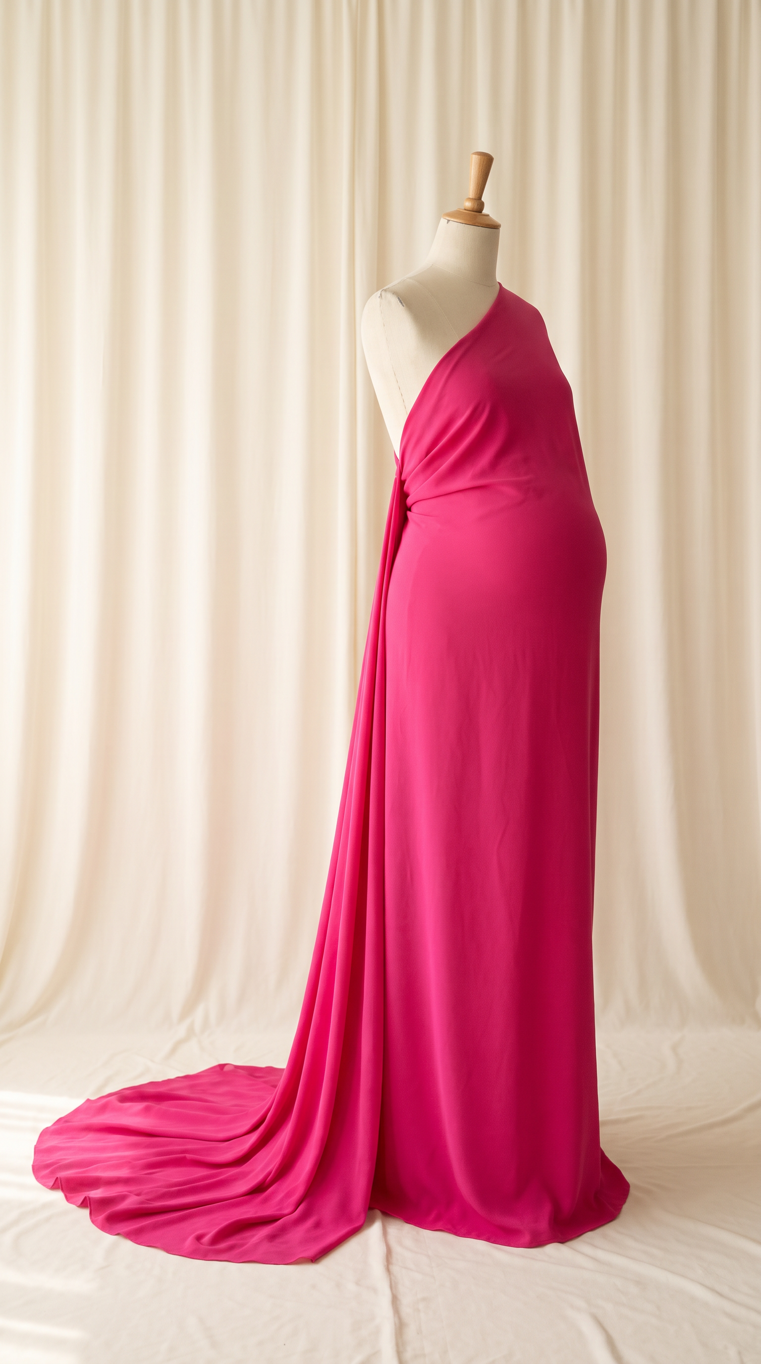 AI Design for 

{
  "task": "Reference-guided maternity garment transfer and studio background replacement",
  "reference_image": "[Attach the original maternity dress photograph]",
  "prompt": "Create a photorealistic maternity fashion product photograph using the attached image as the authoritative garment reference. Transfer the existing dress onto the specified pregnant tailor's dress form; do not create a similar dress, reinterpret the design, beautify it, or redesign it. Change only the original wearer or display form and the surrounding environment. Garment fidelity takes priority over styling and aesthetics. Follow the preservation, mannequin, background, lighting, and framing requirements below.",
  "garment_preservation": {
    "preserve": "Match the visible reference faithfully: hue, saturation, tonal relationships, fabric texture and weight, weave, sheen, transparency, print scale and placement, lace motifs, embroidery, embellishments, seams, neckline, bodice construction, waistline, sleeve cut and length, cuffs, hem, skirt volume, dress length, and any existing train.",
    "fit_and_drape": "Allow only the physically necessary changes in folds and tension caused by fitting the garment to the pregnant form. Preserve the garment's construction and overall silhouette. Fabric must respond naturally to gravity and belly volume, without stretching prints, melting lace, or distorting seams. Support the sleeves naturally without visible arms, hands, rods, or stuffing.",
    "uncertainty": "Do not invent decorative details or unseen garment construction. Keep the reference viewing angle where possible. If the hem or train is cropped out, preserve a comparable crop rather than inventing its appearance. Do not add a train if none is shown."
  },
  "mannequin": {
    "type": "Classic vintage tailor's dress form with a realistic pregnant torso and softly rounded belly, standing upright and centered.",
    "finish": "Matte cream-ivory linen-covered body, gently rounded shoulder ends, and a small round natural-wood neck cap. No head, facial features, arms, hands, human skin, glossy plastic, or exaggerated anatomy.",
    "visibility": "The dress remains the visual focus. Show the form only where the garment naturally exposes it; do not alter the neckline or opacity to hide it. Keep any support discreet and mostly concealed by the garment."
  },
  "background": "A plain warm off-white ivory fabric curtain with soft vertical folds and subtle vintage texture, clean and unpatterned. Matching ivory fabric continues onto the floor in gentle natural folds, creating visual continuity without a hard horizon line. No furniture, props, decorative architecture, or additional objects.",
  "lighting": "Large, soft, diffused daylight from slightly above and to one side; gentle fill, delicate contact shadows, and natural depth. Neutral white balance preserves garment color. Maintain separation between the dress and ivory backdrop without changing either color. No harsh shadows, clipped highlights, strong color casts, or artificial glow.",
  "composition": "Portrait framing, centered subject, straight verticals, realistic proportions, and minimal perspective distortion. Show the complete dress and existing train when supported by the reference, with modest breathing room. Preserve a cropped composition when required to avoid inventing missing garment details.",
  "output": {
    "aspect_ratio": "16:21",
    "orientation": "portrait",
    "style": "High-detail photorealistic product photography; crisp textile detail, natural tonal transitions, no CGI appearance."
  },
  "negative_prompt": "human model, head, face, hair, arms, hands, exposed human skin, non-pregnant torso, oversized belly, glossy plastic mannequin, redesigned dress, altered neckline, missing sleeves, added sleeves, changed hem, invented train, changed color, incorrect print scale, misplaced pattern, missing embellishments, added decorations, warped seams, melted lace, floating fabric, artificial transparency, clutter, furniture, luxury interior, text, logo, watermark, harsh flash, yellow color cast, oversaturation, blur, excessive smoothing, CGI, illustration"
}
