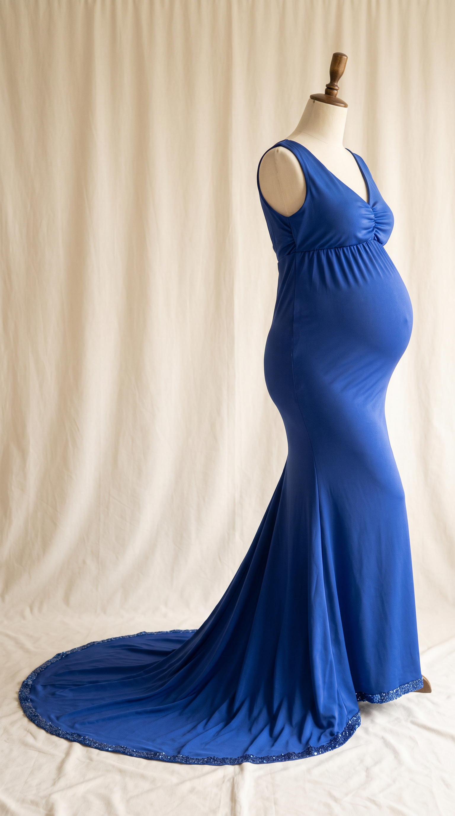 AI Design for 

{
  "task": "Reference-guided maternity garment transfer and studio background replacement",
  "reference_image": "[Attach the original maternity dress photograph]",
  "prompt": "Create a photorealistic maternity fashion product photograph using the attached image as the authoritative garment reference. Transfer the existing dress onto the specified pregnant tailor's dress form; do not create a similar dress, reinterpret the design, beautify it, or redesign it. Change only the original wearer or display form and the surrounding environment. Garment fidelity takes priority over styling and aesthetics. Follow the preservation, mannequin, background, lighting, and framing requirements below.",
  "garment_preservation": {
    "preserve": "Match the visible reference faithfully: hue, saturation, tonal relationships, fabric texture and weight, weave, sheen, transparency, print scale and placement, lace motifs, embroidery, embellishments, seams, neckline, bodice construction, waistline, sleeve cut and length, cuffs, hem, skirt volume, dress length, and any existing train.",
    "fit_and_drape": "Allow only the physically necessary changes in folds and tension caused by fitting the garment to the pregnant form. Preserve the garment's construction and overall silhouette. Fabric must respond naturally to gravity and belly volume, without stretching prints, melting lace, or distorting seams. Support the sleeves naturally without visible arms, hands, rods, or stuffing.",
    "uncertainty": "Do not invent decorative details or unseen garment construction. Keep the reference viewing angle where possible. If the hem or train is cropped out, preserve a comparable crop rather than inventing its appearance. Do not add a train if none is shown."
  },
  "mannequin": {
    "type": "Classic vintage tailor's dress form with a realistic pregnant torso and softly rounded belly, standing upright and centered.",
    "finish": "Matte cream-ivory linen-covered body, gently rounded shoulder ends, and a small round natural-wood neck cap. No head, facial features, arms, hands, human skin, glossy plastic, or exaggerated anatomy.",
    "visibility": "The dress remains the visual focus. Show the form only where the garment naturally exposes it; do not alter the neckline or opacity to hide it. Keep any support discreet and mostly concealed by the garment."
  },
  "background": "A plain warm off-white ivory fabric curtain with soft vertical folds and subtle vintage texture, clean and unpatterned. Matching ivory fabric continues onto the floor in gentle natural folds, creating visual continuity without a hard horizon line. No furniture, props, decorative architecture, or additional objects.",
  "lighting": "Large, soft, diffused daylight from slightly above and to one side; gentle fill, delicate contact shadows, and natural depth. Neutral white balance preserves garment color. Maintain separation between the dress and ivory backdrop without changing either color. No harsh shadows, clipped highlights, strong color casts, or artificial glow.",
  "composition": "Portrait framing, centered subject, straight verticals, realistic proportions, and minimal perspective distortion. Show the complete dress and existing train when supported by the reference, with modest breathing room. Preserve a cropped composition when required to avoid inventing missing garment details.",
  "output": {
    "aspect_ratio": "16:21",
    "orientation": "portrait",
    "style": "High-detail photorealistic product photography; crisp textile detail, natural tonal transitions, no CGI appearance."
  },
  "negative_prompt": "human model, head, face, hair, arms, hands, exposed human skin, non-pregnant torso, oversized belly, glossy plastic mannequin, redesigned dress, altered neckline, missing sleeves, added sleeves, changed hem, invented train, changed color, incorrect print scale, misplaced pattern, missing embellishments, added decorations, warped seams, melted lace, floating fabric, artificial transparency, clutter, furniture, luxury interior, text, logo, watermark, harsh flash, yellow color cast, oversaturation, blur, excessive smoothing, CGI, illustration"
}
