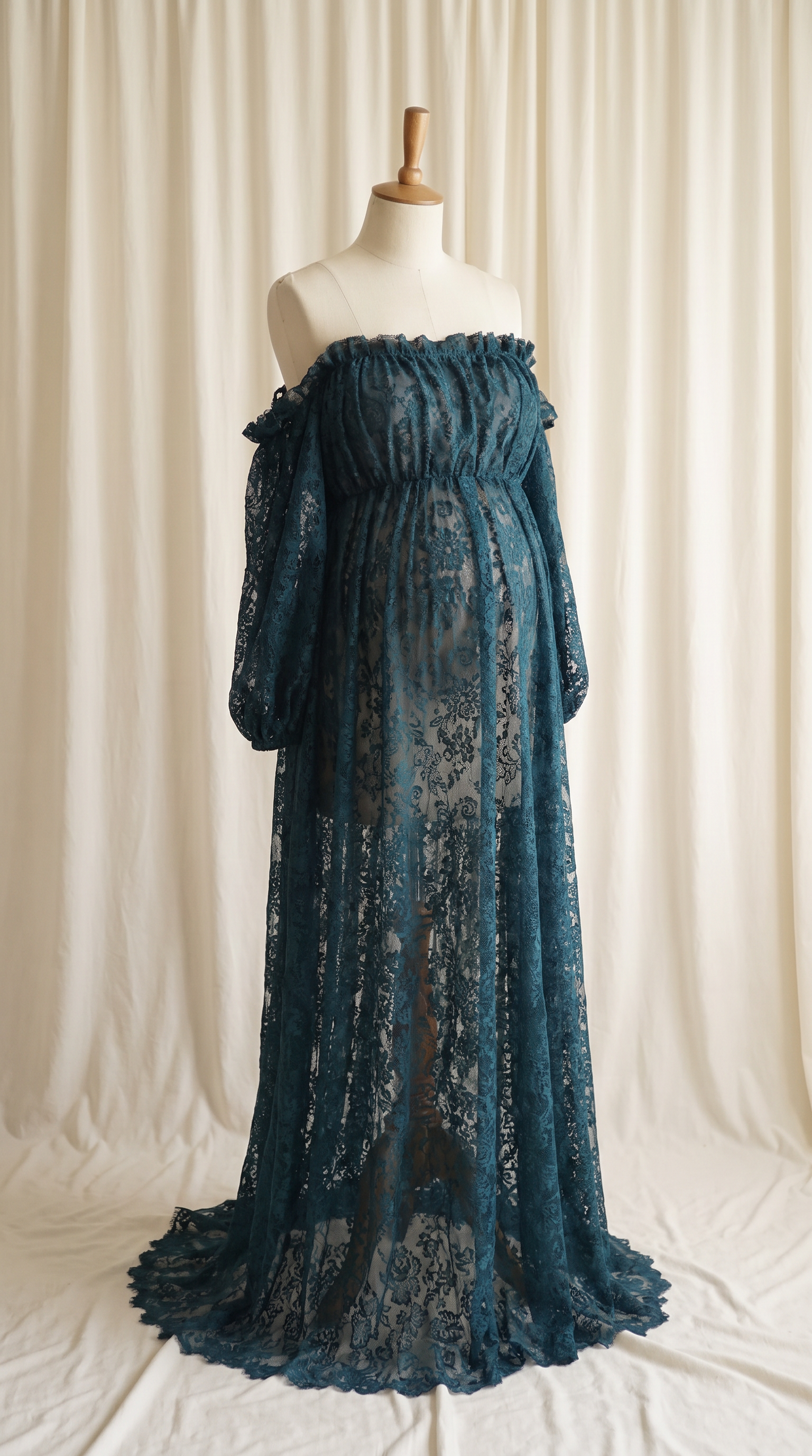AI Design for 

{
  "task": "Reference-guided maternity garment transfer and studio background replacement",
  "reference_image": "[Attach the original maternity dress photograph]",
  "prompt": "Create a photorealistic maternity fashion product photograph using the attached image as the authoritative garment reference. Transfer the existing dress onto the specified pregnant tailor's dress form; do not create a similar dress, reinterpret the design, beautify it, or redesign it. Change only the original wearer or display form and the surrounding environment. Garment fidelity takes priority over styling and aesthetics. Follow the preservation, mannequin, background, lighting, and framing requirements below.",
  "garment_preservation": {
    "preserve": "Match the visible reference faithfully: hue, saturation, tonal relationships, fabric texture and weight, weave, sheen, transparency, print scale and placement, lace motifs, embroidery, embellishments, seams, neckline, bodice construction, waistline, sleeve cut and length, cuffs, hem, skirt volume, dress length, and any existing train.",
    "fit_and_drape": "Allow only the physically necessary changes in folds and tension caused by fitting the garment to the pregnant form. Preserve the garment's construction and overall silhouette. Fabric must respond naturally to gravity and belly volume, without stretching prints, melting lace, or distorting seams. Support the sleeves naturally without visible arms, hands, rods, or stuffing.",
    "uncertainty": "Do not invent decorative details or unseen garment construction. Keep the reference viewing angle where possible. If the hem or train is cropped out, preserve a comparable crop rather than inventing its appearance. Do not add a train if none is shown."
  },
  "mannequin": {
    "type": "Classic vintage tailor's dress form with a realistic pregnant torso and softly rounded belly, standing upright and centered.",
    "finish": "Matte cream-ivory linen-covered body, gently rounded shoulder ends, and a small round natural-wood neck cap. No head, facial features, arms, hands, human skin, glossy plastic, or exaggerated anatomy.",
    "visibility": "The dress remains the visual focus. Show the form only where the garment naturally exposes it; do not alter the neckline or opacity to hide it. Keep any support discreet and mostly concealed by the garment."
  },
  "background": "A plain warm off-white ivory fabric curtain with soft vertical folds and subtle vintage texture, clean and unpatterned. Matching ivory fabric continues onto the floor in gentle natural folds, creating visual continuity without a hard horizon line. No furniture, props, decorative architecture, or additional objects.",
  "lighting": "Large, soft, diffused daylight from slightly above and to one side; gentle fill, delicate contact shadows, and natural depth. Neutral white balance preserves garment color. Maintain separation between the dress and ivory backdrop without changing either color. No harsh shadows, clipped highlights, strong color casts, or artificial glow.",
  "composition": "Portrait framing, centered subject, straight verticals, realistic proportions, and minimal perspective distortion. Show the complete dress and existing train when supported by the reference, with modest breathing room. Preserve a cropped composition when required to avoid inventing missing garment details.",
  "output": {
    "aspect_ratio": "16:21",
    "orientation": "portrait",
    "style": "High-detail photorealistic product photography; crisp textile detail, natural tonal transitions, no CGI appearance."
  },
  "negative_prompt": "human model, head, face, hair, arms, hands, exposed human skin, non-pregnant torso, oversized belly, glossy plastic mannequin, redesigned dress, altered neckline, missing sleeves, added sleeves, changed hem, invented train, changed color, incorrect print scale, misplaced pattern, missing embellishments, added decorations, warped seams, melted lace, floating fabric, artificial transparency, clutter, furniture, luxury interior, text, logo, watermark, harsh flash, yellow color cast, oversaturation, blur, excessive smoothing, CGI, illustration"
}

