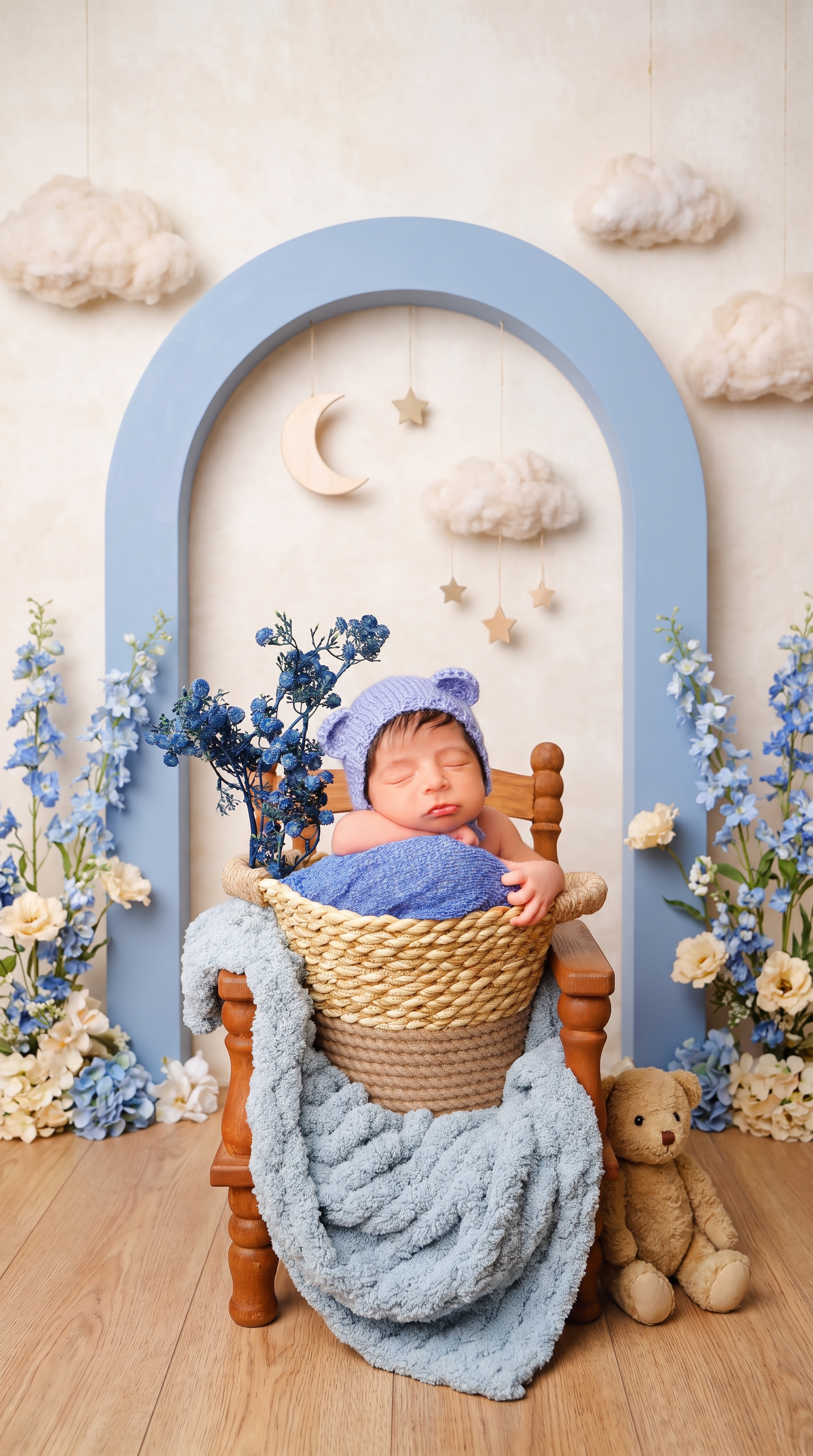 AI Design for Replace only the background and surrounding floor with a professionally styled newborn photography set inspired by a “Little Bear’s Dream Garden.” Create a charming, layered studio scene with a softly textured ivory backdrop, a large powder-blue decorative arch behind the chair, delicate blue delphiniums and cream blossoms arranged along the outer edges, and a few fluffy cloud props suspended at different heights. Add a small pale wooden crescent moon and tiny muted-gold hanging stars in the upper background. Place one small vintage teddy bear on the floor beside the chair, partially behind it and away from the baby. Use a refined palette of dusty blue, warm cream, soft beige, and natural wood.

Make the set playful and imaginative yet polished and believable, like a premium newborn photography session with real handcrafted props—not a digital fantasy illustration. Keep the decorations asymmetrical and thoughtfully spaced, framing the baby without crowding the face or overlapping the existing flowers. Use soft studio lighting consistent with the original light on the baby, gentle background blur, realistic depth, and natural contact shadows beneath the chair and props.

Preserve the baby’s exact identity, facial features, expression, skin tone, natural skin texture, hair, pose, hands, and fingers. Keep the knitted bear-ear bonnet, blue fabrics, existing blue flowers, woven basket, draped blanket, and entire wooden chair completely unchanged. Maintain the original framing, camera angle, and subject proportions. Replace the old background cleanly through all visible gaps between flower stems and chair parts, preserving fine edges and knitted fibers.

Avoid excessive decorations, bright saturated colors, glitter effects, cartoon styling, CGI, artificial skin smoothing, altered anatomy, duplicated objects, floating props, cutout halos, text, and watermarks.