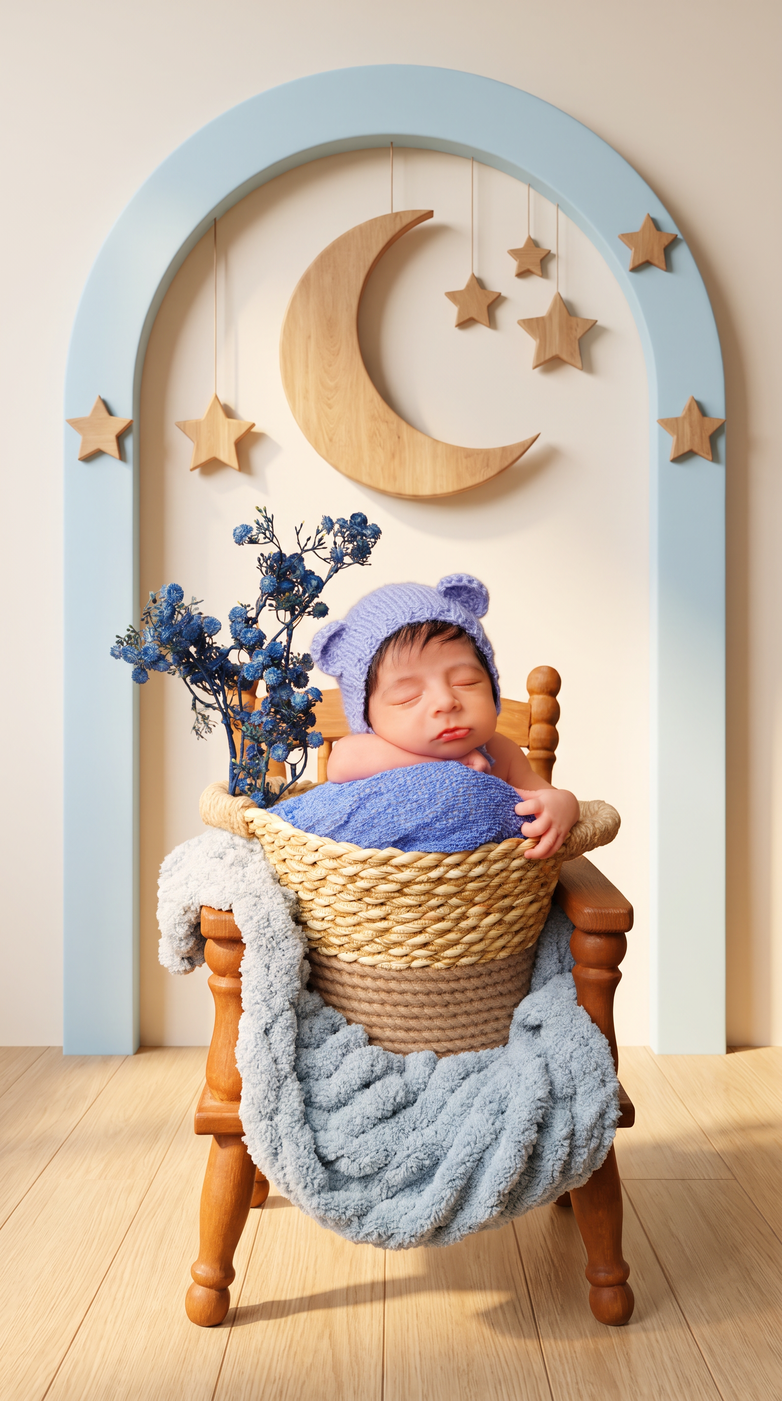 AI Design for Replace only the background wall and floor behind the subject with [پس‌زمینه‌ی دلخواه — مثلاً: a soft ivory studio backdrop with a pastel-blue arch, wooden moon and stars, and light-oak floor]. Keep everything else — the baby’s face, pose, hands, bonnet, basket, blankets, chair, and all foreground elements — pixel-identical to the original. Match the original lighting direction and warmth. Add natural contact shadows only where the chair legs touch the new floor. No canvas extension, no outpainting, no change in composition or subject scale.