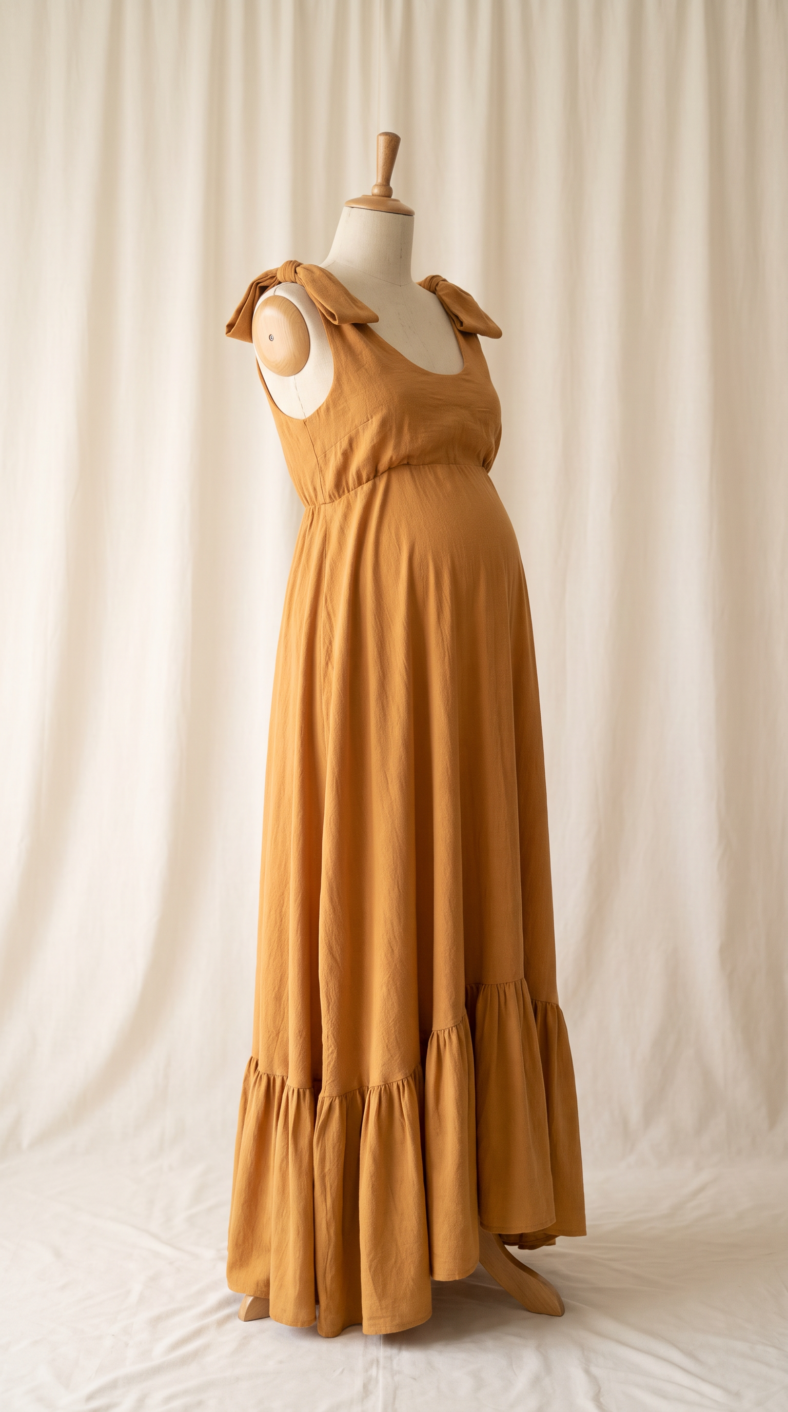 AI Design for 

{
  "task": "Reference-guided maternity garment transfer and studio background replacement",
  "reference_image": "[Attach the original maternity dress photograph]",
  "prompt": "Create a photorealistic maternity fashion product photograph using the attached image as the authoritative garment reference. Transfer the existing dress onto the specified pregnant tailor's dress form; do not create a similar dress, reinterpret the design, beautify it, or redesign it. Change only the original wearer or display form and the surrounding environment. Garment fidelity takes priority over styling and aesthetics. Follow the preservation, mannequin, background, lighting, and framing requirements below.",
  "garment_preservation": {
    "preserve": "Match the visible reference faithfully: hue, saturation, tonal relationships, fabric texture and weight, weave, sheen, transparency, print scale and placement, lace motifs, embroidery, embellishments, seams, neckline, bodice construction, waistline, sleeve cut and length, cuffs, hem, skirt volume, dress length, and any existing train.",
    "fit_and_drape": "Allow only the physically necessary changes in folds and tension caused by fitting the garment to the pregnant form. Preserve the garment's construction and overall silhouette. Fabric must respond naturally to gravity and belly volume, without stretching prints, melting lace, or distorting seams. Support the sleeves naturally without visible arms, hands, rods, or stuffing.",
    "uncertainty": "Do not invent decorative details or unseen garment construction. Keep the reference viewing angle where possible. If the hem or train is cropped out, preserve a comparable crop rather than inventing its appearance. Do not add a train if none is shown."
  },
  "mannequin": {
    "type": "Classic vintage tailor's dress form with a realistic pregnant torso and softly rounded belly, standing upright and centered.",
    "finish": "Matte cream-ivory linen-covered body, gently rounded shoulder ends, and a small round natural-wood neck cap. No head, facial features, arms, hands, human skin, glossy plastic, or exaggerated anatomy.",
    "visibility": "The dress remains the visual focus. Show the form only where the garment naturally exposes it; do not alter the neckline or opacity to hide it. Keep any support discreet and mostly concealed by the garment."
  },
  "background": "A plain warm off-white ivory fabric curtain with soft vertical folds and subtle vintage texture, clean and unpatterned. Matching ivory fabric continues onto the floor in gentle natural folds, creating visual continuity without a hard horizon line. No furniture, props, decorative architecture, or additional objects.",
  "lighting": "Large, soft, diffused daylight from slightly above and to one side; gentle fill, delicate contact shadows, and natural depth. Neutral white balance preserves garment color. Maintain separation between the dress and ivory backdrop without changing either color. No harsh shadows, clipped highlights, strong color casts, or artificial glow.",
  "composition": "Portrait framing, centered subject, straight verticals, realistic proportions, and minimal perspective distortion. Show the complete dress and existing train when supported by the reference, with modest breathing room. Preserve a cropped composition when required to avoid inventing missing garment details.",
  "output": {
    "aspect_ratio": "16:21",
    "orientation": "portrait",
    "style": "High-detail photorealistic product photography; crisp textile detail, natural tonal transitions, no CGI appearance."
  },
  "negative_prompt": "human model, head, face, hair, arms, hands, exposed human skin, non-pregnant torso, oversized belly, glossy plastic mannequin, redesigned dress, altered neckline, missing sleeves, added sleeves, changed hem, invented train, changed color, incorrect print scale, misplaced pattern, missing embellishments, added decorations, warped seams, melted lace, floating fabric, artificial transparency, clutter, furniture, luxury interior, text, logo, watermark, harsh flash, yellow color cast, oversaturation, blur, excessive smoothing, CGI, illustration"
}
