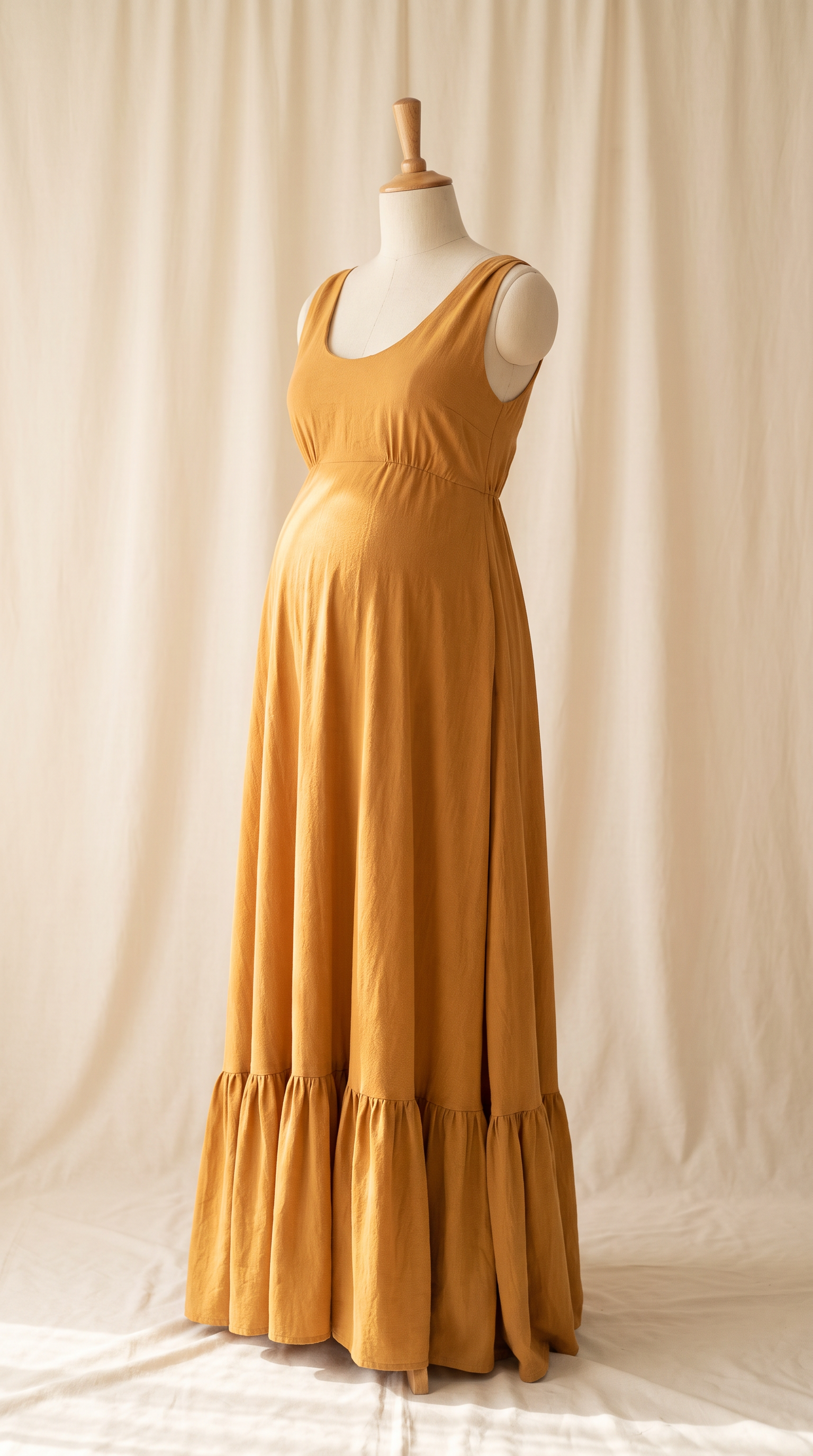 AI Design for 

{
  "task": "Reference-guided maternity garment transfer and studio background replacement",
  "reference_image": "[Attach the original maternity dress photograph]",
  "prompt": "Create a photorealistic maternity fashion product photograph using the attached image as the authoritative garment reference. Transfer the existing dress onto the specified pregnant tailor's dress form; do not create a similar dress, reinterpret the design, beautify it, or redesign it. Change only the original wearer or display form and the surrounding environment. Garment fidelity takes priority over styling and aesthetics. Follow the preservation, mannequin, background, lighting, and framing requirements below.",
  "garment_preservation": {
    "preserve": "Match the visible reference faithfully: hue, saturation, tonal relationships, fabric texture and weight, weave, sheen, transparency, print scale and placement, lace motifs, embroidery, embellishments, seams, neckline, bodice construction, waistline, sleeve cut and length, cuffs, hem, skirt volume, dress length, and any existing train.",
    "fit_and_drape": "Allow only the physically necessary changes in folds and tension caused by fitting the garment to the pregnant form. Preserve the garment's construction and overall silhouette. Fabric must respond naturally to gravity and belly volume, without stretching prints, melting lace, or distorting seams. Support the sleeves naturally without visible arms, hands, rods, or stuffing.",
    "uncertainty": "Do not invent decorative details or unseen garment construction. Keep the reference viewing angle where possible. If the hem or train is cropped out, preserve a comparable crop rather than inventing its appearance. Do not add a train if none is shown."
  },
  "mannequin": {
    "type": "Classic vintage tailor's dress form with a realistic pregnant torso and softly rounded belly, standing upright and centered.",
    "finish": "Matte cream-ivory linen-covered body, gently rounded shoulder ends, and a small round natural-wood neck cap. No head, facial features, arms, hands, human skin, glossy plastic, or exaggerated anatomy.",
    "visibility": "The dress remains the visual focus. Show the form only where the garment naturally exposes it; do not alter the neckline or opacity to hide it. Keep any support discreet and mostly concealed by the garment."
  },
  "background": "A plain warm off-white ivory fabric curtain with soft vertical folds and subtle vintage texture, clean and unpatterned. Matching ivory fabric continues onto the floor in gentle natural folds, creating visual continuity without a hard horizon line. No furniture, props, decorative architecture, or additional objects.",
  "lighting": "Large, soft, diffused daylight from slightly above and to one side; gentle fill, delicate contact shadows, and natural depth. Neutral white balance preserves garment color. Maintain separation between the dress and ivory backdrop without changing either color. No harsh shadows, clipped highlights, strong color casts, or artificial glow.",
  "composition": "Portrait framing, centered subject, straight verticals, realistic proportions, and minimal perspective distortion. Show the complete dress and existing train when supported by the reference, with modest breathing room. Preserve a cropped composition when required to avoid inventing missing garment details.",
  "output": {
    "aspect_ratio": "16:21",
    "orientation": "portrait",
    "style": "High-detail photorealistic product photography; crisp textile detail, natural tonal transitions, no CGI appearance."
  },
  "negative_prompt": "human model, head, face, hair, arms, hands, exposed human skin, non-pregnant torso, oversized belly, glossy plastic mannequin, redesigned dress, altered neckline, missing sleeves, added sleeves, changed hem, invented train, changed color, incorrect print scale, misplaced pattern, missing embellishments, added decorations, warped seams, melted lace, floating fabric, artificial transparency, clutter, furniture, luxury interior, text, logo, watermark, harsh flash, yellow color cast, oversaturation, blur, excessive smoothing, CGI, illustration"
}
