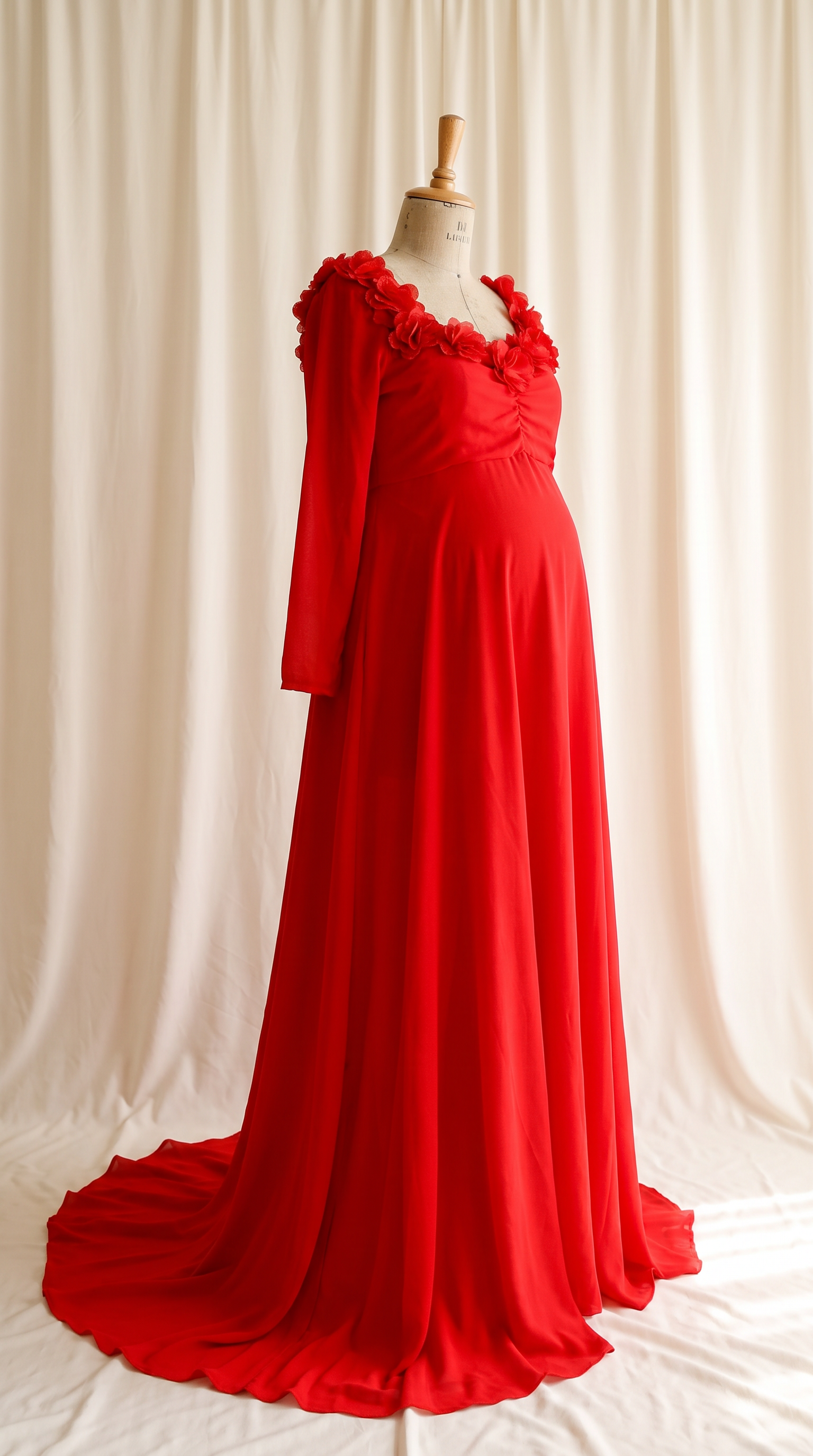 AI Design for 

{
  "task": "Reference-guided maternity garment transfer and studio background replacement",
  "reference_image": "[Attach the original maternity dress photograph]",
  "prompt": "Create a photorealistic maternity fashion product photograph using the attached image as the authoritative garment reference. Transfer the existing dress onto the specified pregnant tailor's dress form; do not create a similar dress, reinterpret the design, beautify it, or redesign it. Change only the original wearer or display form and the surrounding environment. Garment fidelity takes priority over styling and aesthetics. Follow the preservation, mannequin, background, lighting, and framing requirements below.",
  "garment_preservation": {
    "preserve": "Match the visible reference faithfully: hue, saturation, tonal relationships, fabric texture and weight, weave, sheen, transparency, print scale and placement, lace motifs, embroidery, embellishments, seams, neckline, bodice construction, waistline, sleeve cut and length, cuffs, hem, skirt volume, dress length, and any existing train.",
    "fit_and_drape": "Allow only the physically necessary changes in folds and tension caused by fitting the garment to the pregnant form. Preserve the garment's construction and overall silhouette. Fabric must respond naturally to gravity and belly volume, without stretching prints, melting lace, or distorting seams. Support the sleeves naturally without visible arms, hands, rods, or stuffing.",
    "uncertainty": "Do not invent decorative details or unseen garment construction. Keep the reference viewing angle where possible. If the hem or train is cropped out, preserve a comparable crop rather than inventing its appearance. Do not add a train if none is shown."
  },
  "mannequin": {
    "type": "Classic vintage tailor's dress form with a realistic pregnant torso and softly rounded belly, standing upright and centered.",
    "finish": "Matte cream-ivory linen-covered body, gently rounded shoulder ends, and a small round natural-wood neck cap. No head, facial features, arms, hands, human skin, glossy plastic, or exaggerated anatomy.",
    "visibility": "The dress remains the visual focus. Show the form only where the garment naturally exposes it; do not alter the neckline or opacity to hide it. Keep any support discreet and mostly concealed by the garment."
  },
  "background": "A plain warm off-white ivory fabric curtain with soft vertical folds and subtle vintage texture, clean and unpatterned. Matching ivory fabric continues onto the floor in gentle natural folds, creating visual continuity without a hard horizon line. No furniture, props, decorative architecture, or additional objects.",
  "lighting": "Large, soft, diffused daylight from slightly above and to one side; gentle fill, delicate contact shadows, and natural depth. Neutral white balance preserves garment color. Maintain separation between the dress and ivory backdrop without changing either color. No harsh shadows, clipped highlights, strong color casts, or artificial glow.",
  "composition": "Portrait framing, centered subject, straight verticals, realistic proportions, and minimal perspective distortion. Show the complete dress and existing train when supported by the reference, with modest breathing room. Preserve a cropped composition when required to avoid inventing missing garment details.",
  "output": {
    "aspect_ratio": "16:21",
    "orientation": "portrait",
    "style": "High-detail photorealistic product photography; crisp textile detail, natural tonal transitions, no CGI appearance."
  },
  "negative_prompt": "human model, head, face, hair, arms, hands, exposed human skin, non-pregnant torso, oversized belly, glossy plastic mannequin, redesigned dress, altered neckline, missing sleeves, added sleeves, changed hem, invented train, changed color, incorrect print scale, misplaced pattern, missing embellishments, added decorations, warped seams, melted lace, floating fabric, artificial transparency, clutter, furniture, luxury interior, text, logo, watermark, harsh flash, yellow color cast, oversaturation, blur, excessive smoothing, CGI, illustration"
}
