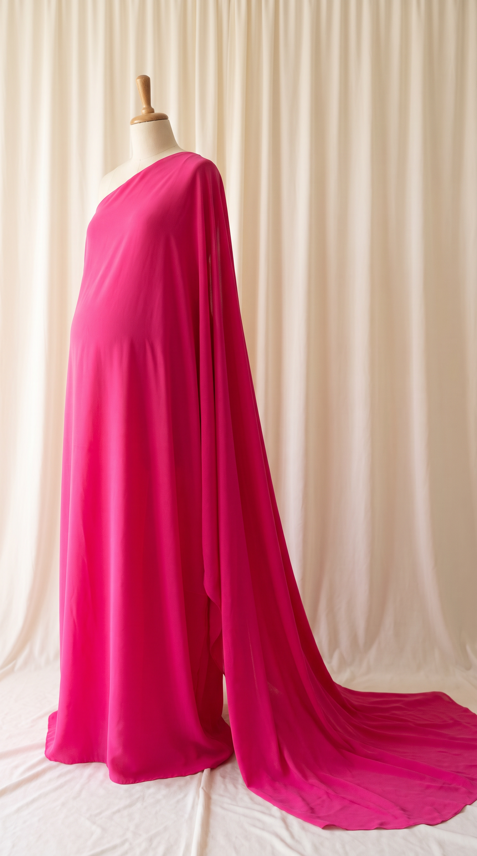 AI Design for 

{
  "task": "Reference-guided maternity garment transfer and studio background replacement",
  "reference_image": "[Attach the original maternity dress photograph]",
  "prompt": "Create a photorealistic maternity fashion product photograph using the attached image as the authoritative garment reference. Transfer the existing dress onto the specified pregnant tailor's dress form; do not create a similar dress, reinterpret the design, beautify it, or redesign it. Change only the original wearer or display form and the surrounding environment. Garment fidelity takes priority over styling and aesthetics. Follow the preservation, mannequin, background, lighting, and framing requirements below.",
  "garment_preservation": {
    "preserve": "Match the visible reference faithfully: hue, saturation, tonal relationships, fabric texture and weight, weave, sheen, transparency, print scale and placement, lace motifs, embroidery, embellishments, seams, neckline, bodice construction, waistline, sleeve cut and length, cuffs, hem, skirt volume, dress length, and any existing train.",
    "fit_and_drape": "Allow only the physically necessary changes in folds and tension caused by fitting the garment to the pregnant form. Preserve the garment's construction and overall silhouette. Fabric must respond naturally to gravity and belly volume, without stretching prints, melting lace, or distorting seams. Support the sleeves naturally without visible arms, hands, rods, or stuffing.",
    "uncertainty": "Do not invent decorative details or unseen garment construction. Keep the reference viewing angle where possible. If the hem or train is cropped out, preserve a comparable crop rather than inventing its appearance. Do not add a train if none is shown."
  },
  "mannequin": {
    "type": "Classic vintage tailor's dress form with a realistic pregnant torso and softly rounded belly, standing upright and centered.",
    "finish": "Matte cream-ivory linen-covered body, gently rounded shoulder ends, and a small round natural-wood neck cap. No head, facial features, arms, hands, human skin, glossy plastic, or exaggerated anatomy.",
    "visibility": "The dress remains the visual focus. Show the form only where the garment naturally exposes it; do not alter the neckline or opacity to hide it. Keep any support discreet and mostly concealed by the garment."
  },
  "background": "A plain warm off-white ivory fabric curtain with soft vertical folds and subtle vintage texture, clean and unpatterned. Matching ivory fabric continues onto the floor in gentle natural folds, creating visual continuity without a hard horizon line. No furniture, props, decorative architecture, or additional objects.",
  "lighting": "Large, soft, diffused daylight from slightly above and to one side; gentle fill, delicate contact shadows, and natural depth. Neutral white balance preserves garment color. Maintain separation between the dress and ivory backdrop without changing either color. No harsh shadows, clipped highlights, strong color casts, or artificial glow.",
  "composition": "Portrait framing, centered subject, straight verticals, realistic proportions, and minimal perspective distortion. Show the complete dress and existing train when supported by the reference, with modest breathing room. Preserve a cropped composition when required to avoid inventing missing garment details.",
  "output": {
    "aspect_ratio": "16:21",
    "orientation": "portrait",
    "style": "High-detail photorealistic product photography; crisp textile detail, natural tonal transitions, no CGI appearance."
  },
  "negative_prompt": "human model, head, face, hair, arms, hands, exposed human skin, non-pregnant torso, oversized belly, glossy plastic mannequin, redesigned dress, altered neckline, missing sleeves, added sleeves, changed hem, invented train, changed color, incorrect print scale, misplaced pattern, missing embellishments, added decorations, warped seams, melted lace, floating fabric, artificial transparency, clutter, furniture, luxury interior, text, logo, watermark, harsh flash, yellow color cast, oversaturation, blur, excessive smoothing, CGI, illustration"
}
